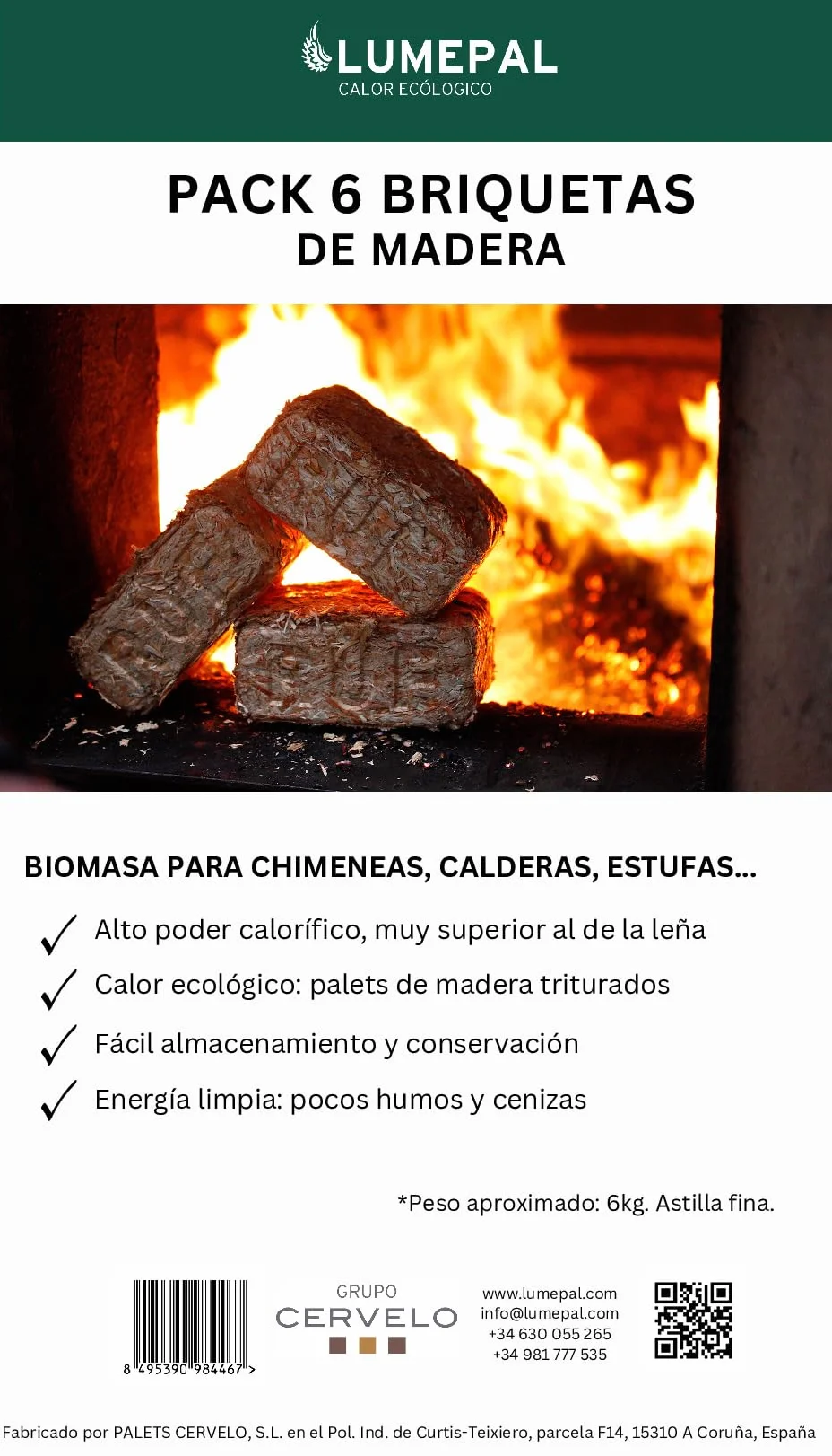 BRIQUETAS DE Madera - Pack 6 Unidades - 6kg Aprox. - Uso para chimeneas, cocinas, Estufas de leña...
