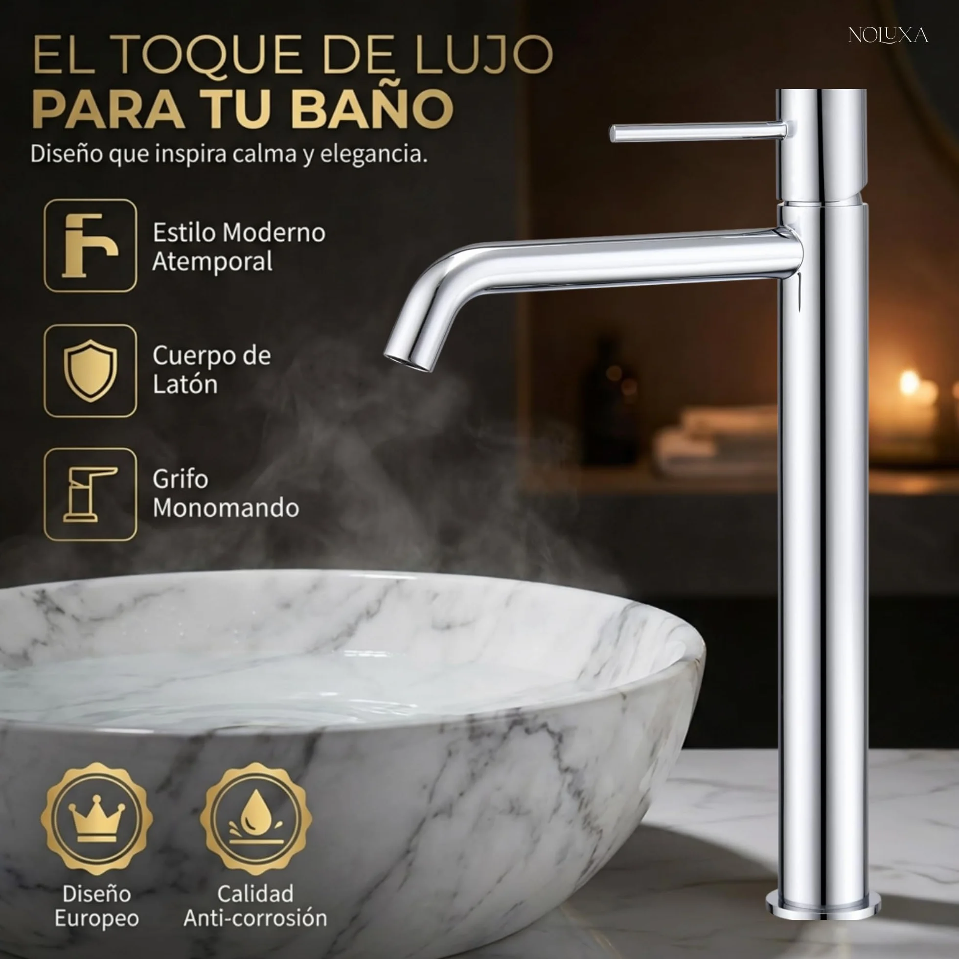 IMEX - Grifo Lavabo Cromado Caño Alto | Grifo Baño Mezclador Agua Fría y Caliente | Grifería Monomando Efecto Cascada con Caño de Latón y Ahorro de Agua | Serie Monza | Color Cromado