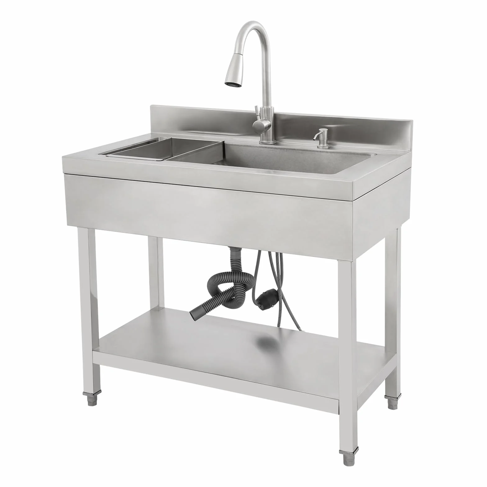 Fregadero de cocina de acero inoxidable independiente, 1 lavabo, fregadero de cocina comercial con grifo con mangueras de agua fría y caliente, fregadero para exteriores, para garaje, lavandería