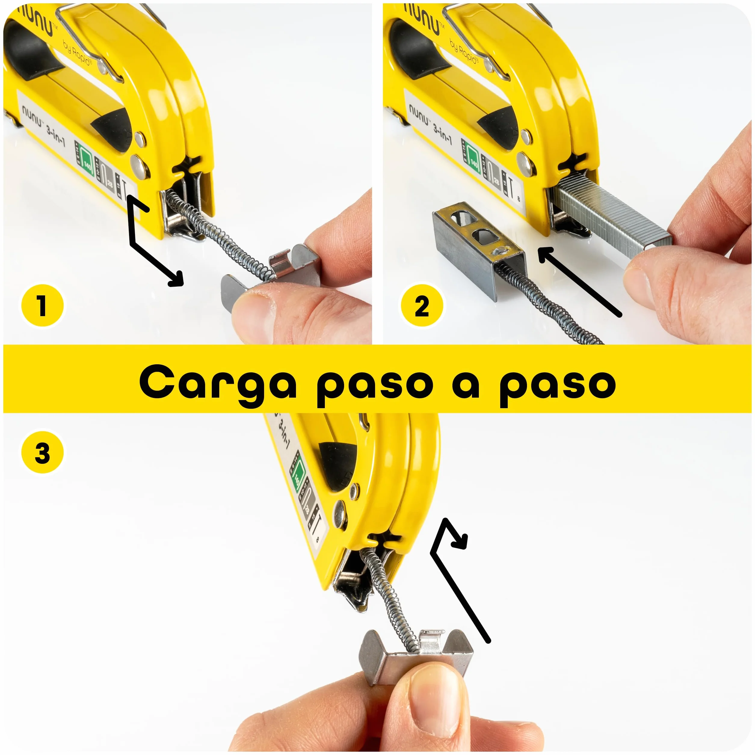 Rapid NUNU Grapadora Manual 3 en 1 para Madera con 3.000 Grapas y clavos. Grapadora Profesional para Tapicería, Paredes, Moquetas y Fijación de Cables, Potencia Ajustable, Diseño Ergonómico