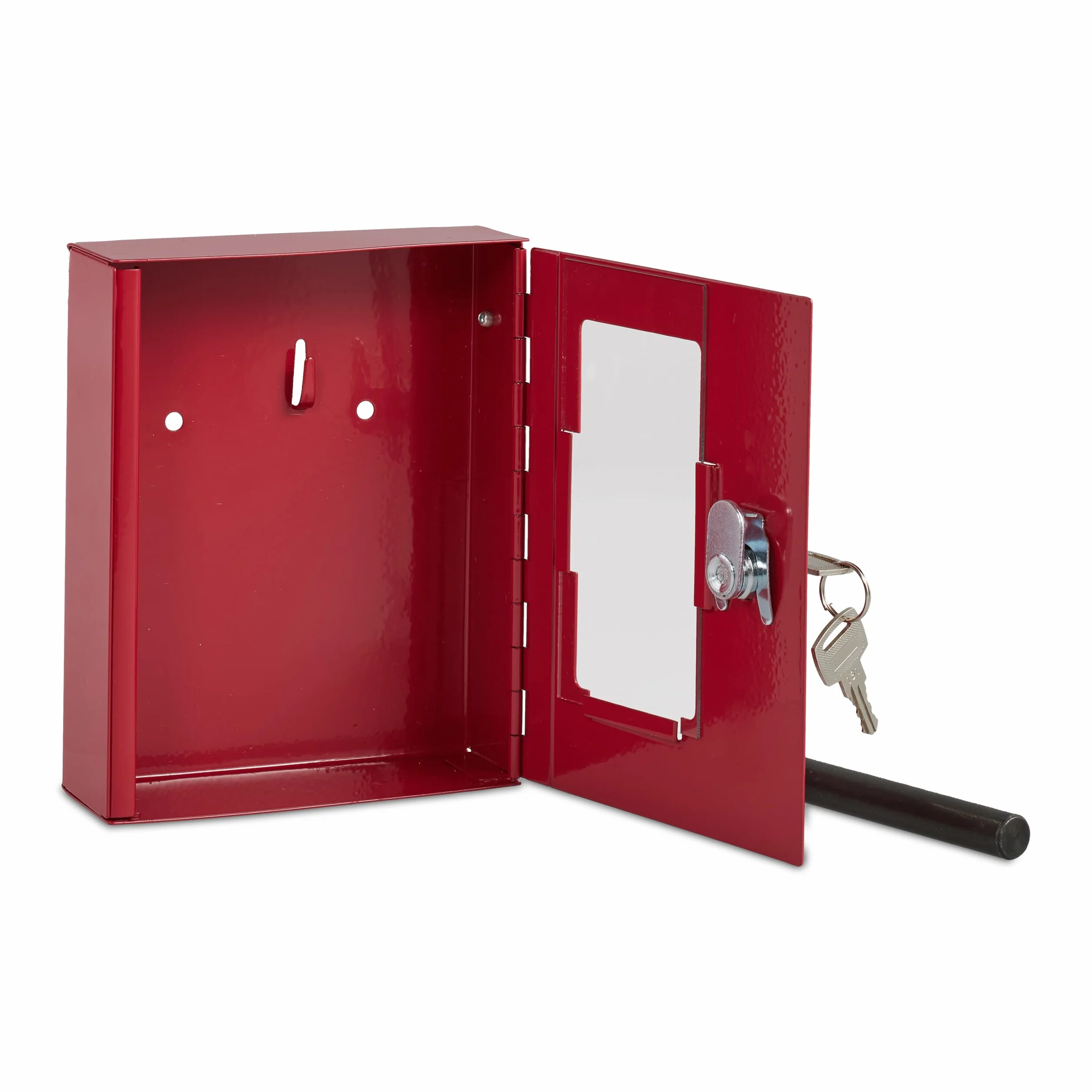 Relaxdays Caja para Llave de Emergencia, Cajetín con Ventana de Vidrio y Rompecristales, Cerradura, Cajita Metal, Rojo