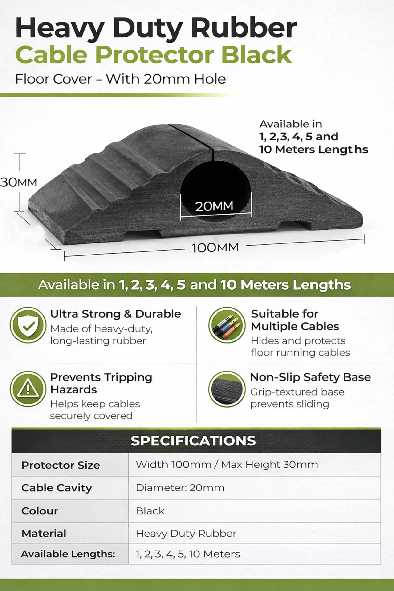 On1shelf Protector de cable de goma industrial para exteriores, negro 1 m, agujero de 20 mm