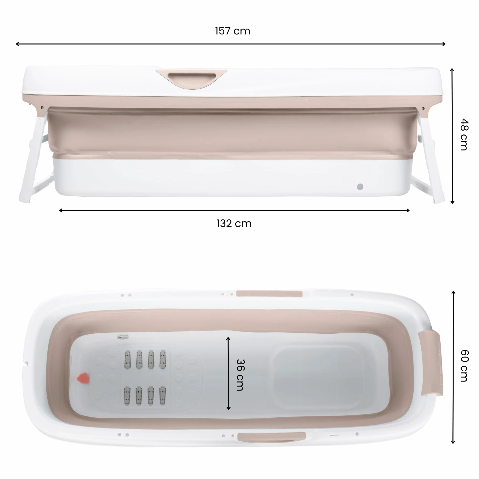 HelloBath® Bañera Plegable XXL 157x60x48 cm para Adultos | Bañera Portátil con Cojín de Baño, Bolsa de Almacenamiento, Luz LED & Rodillos de Masaje | Móvil para Ducha & Exterior | Arena