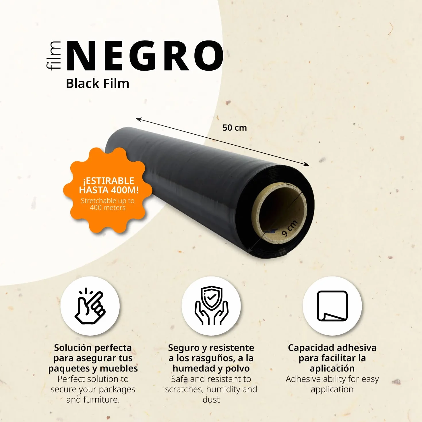 Film de Embalaje Elástico, Film de Plástico Negro para Embalar, Rollo de Plástico Protector de Envíos y Mudanzas, Rollo de 50cm y hasta 400 m Estirables - Ofituria (1 unidad)