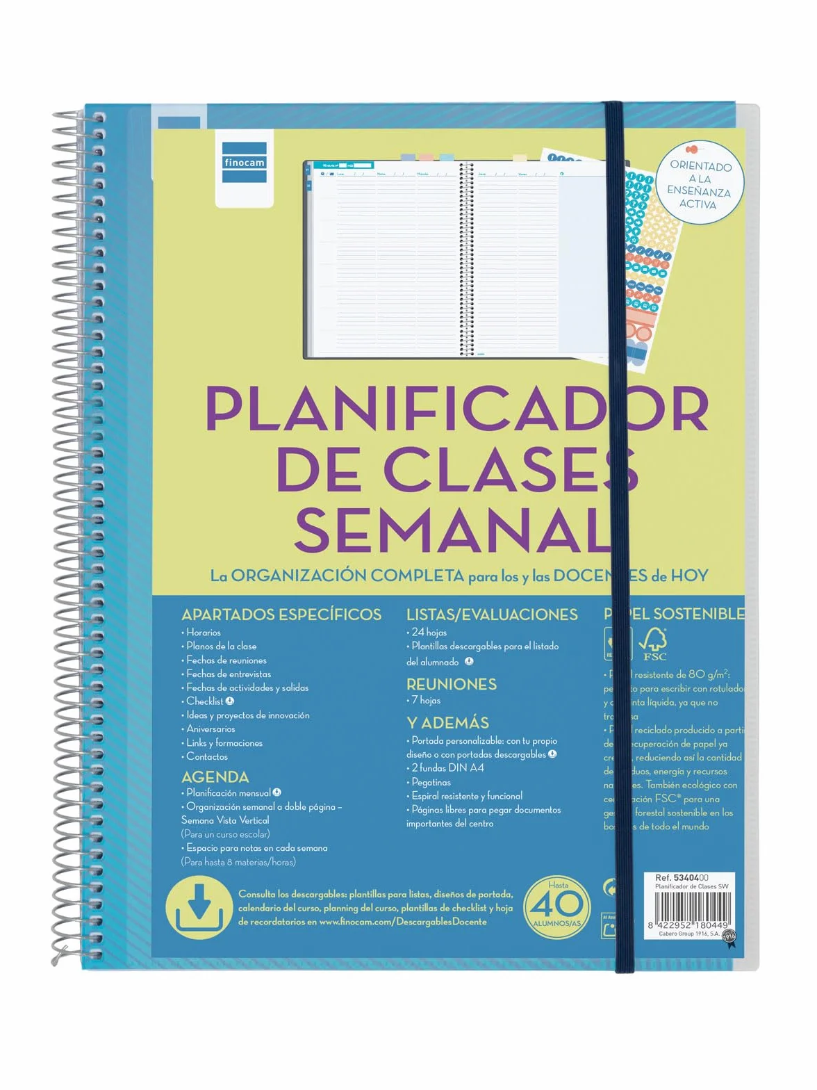 Finocam Planificador de Clases Semanal 230x310mm Español Organiza Hasta 8 Horas Anualidad sin Fecha con Pegatinas y 2 Fundas Transparentes Espiral Metálica Portada Personalizable