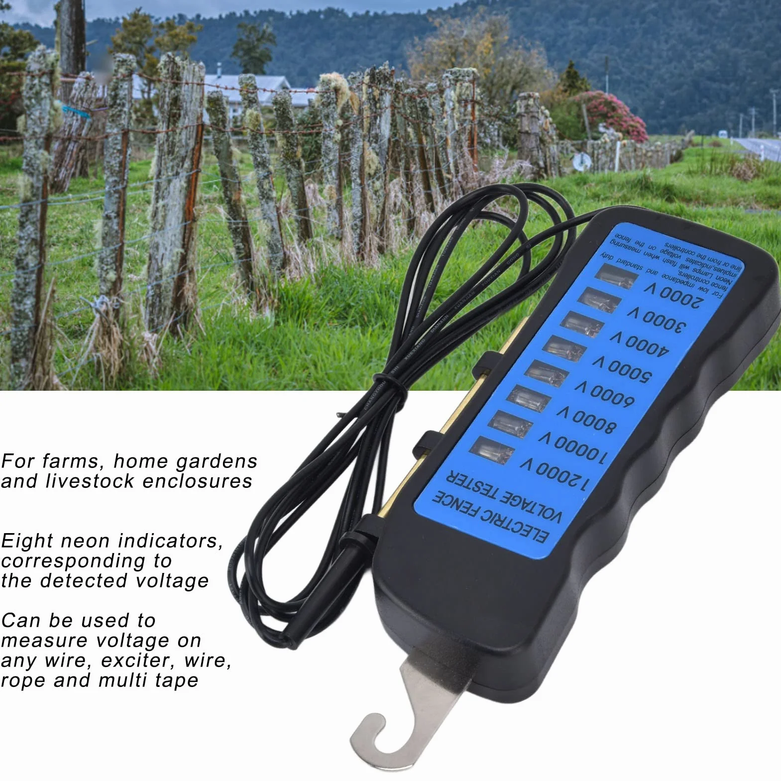 Comprobador de Corriente para Cercas Eléctricas 12KV 2000-12000V, 8 Luces Neon Impermeable para Granjas (ABS, Sin Batería)