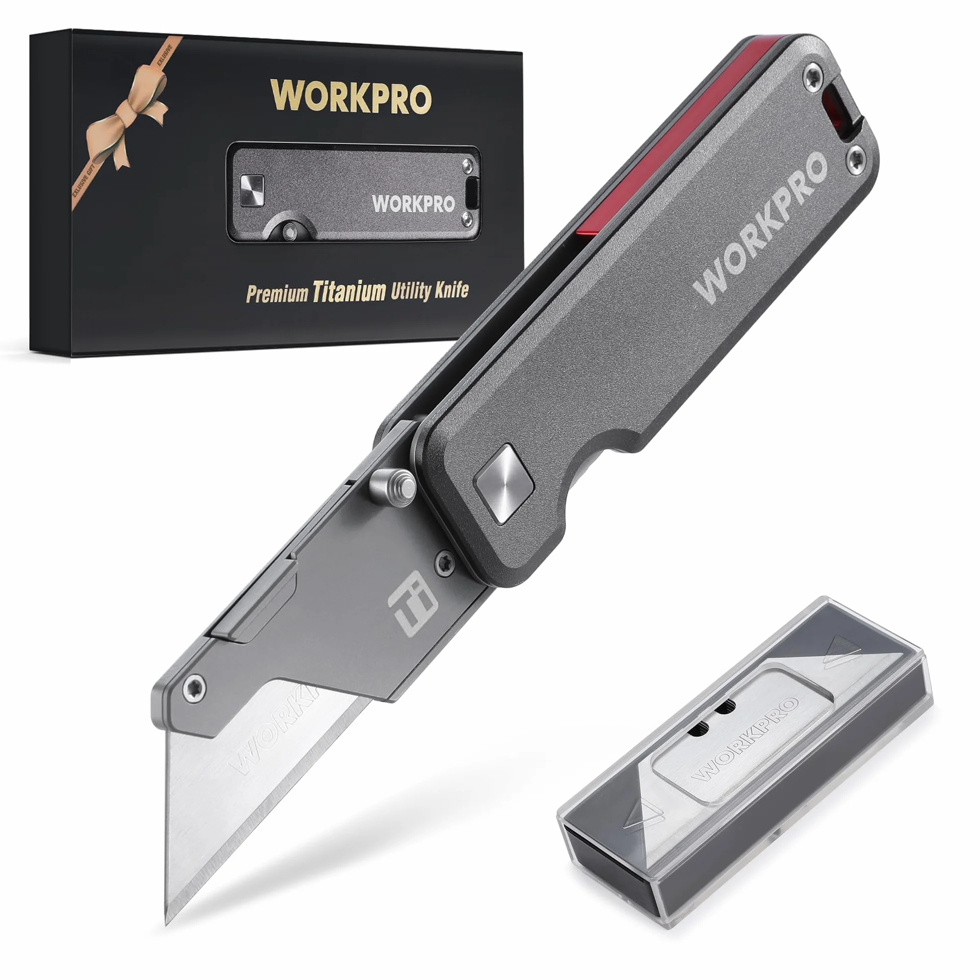 WORKPRO Cúter Plegable de Titanio CNC, Navaja Utilitaria Profesional con Mango de Aluminio Ligero, Incluye 10 Cuchillas Adicionales