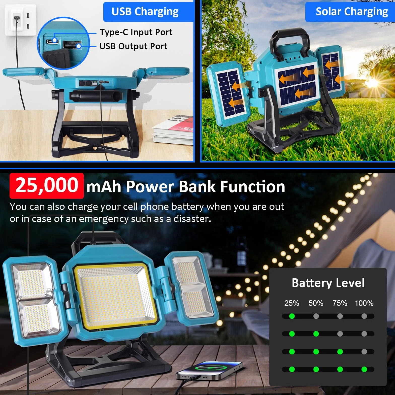 MASMEJOR 300W Foco LED Recargable, Foco LED BaterÍa 30000LM, 25000mAh con Panel Solar, 4 Modos de Luz & Iluminación de 360°, Ideal para Camping, Trabajo, Reparación, Construcción