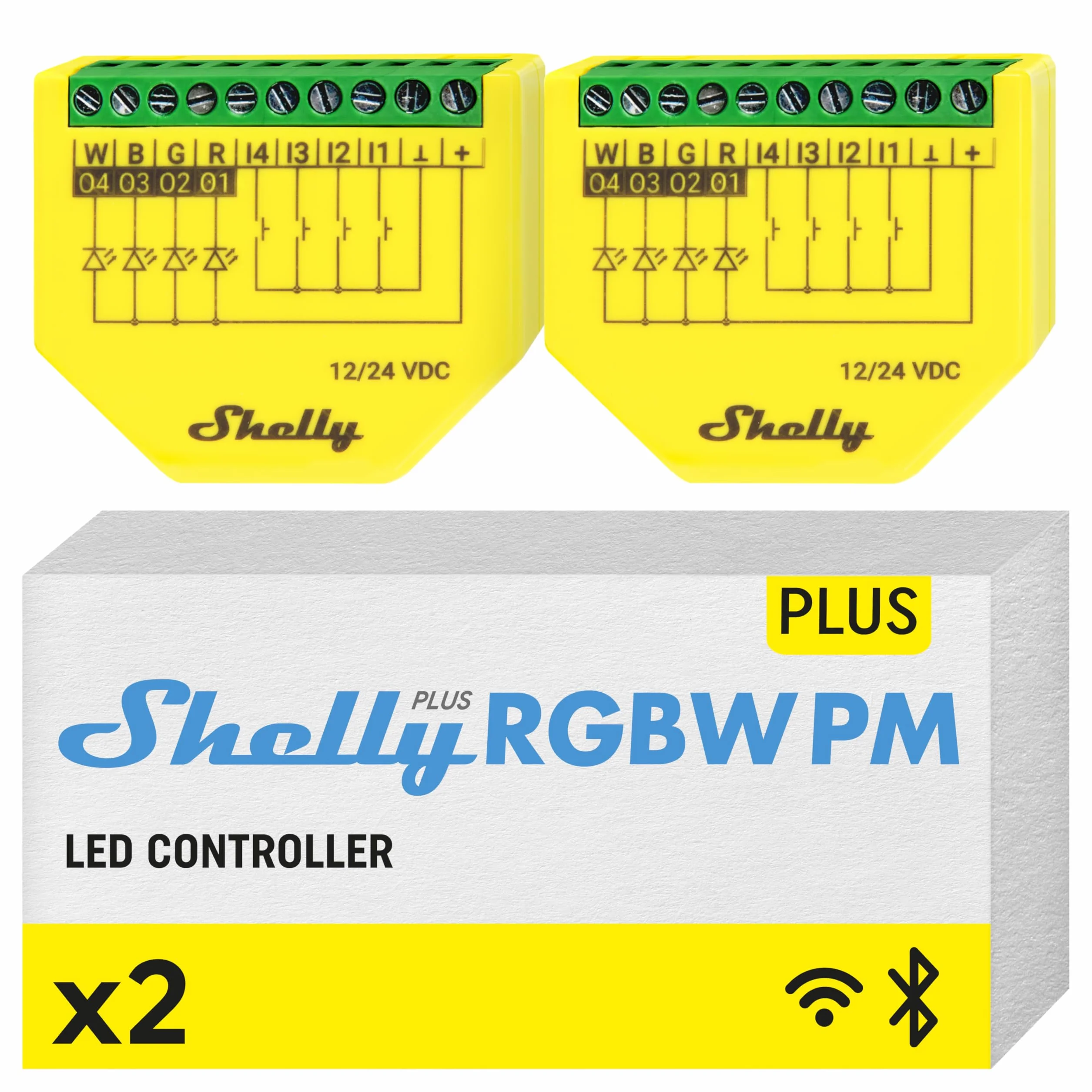 Shelly Plus RGBW PM- Módulo Controlador RGBW Para Tiras LED Wi-Fi Y Bluetooth, 12-24 VDC, Medidor De Consumo Eléctrico Integrado, No Necesita Hub, Aplicación iOS, Android (2 Piezas)