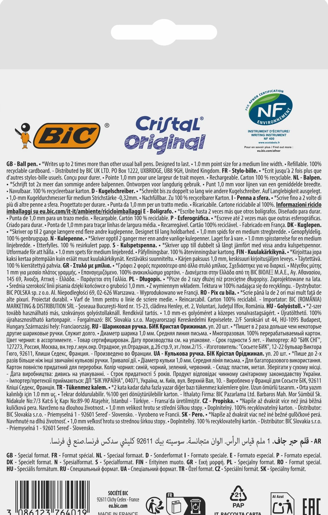 BIC Cristal Original Bolígrafos Punta Media 1,00 mm Colores Surtidos Caja 20