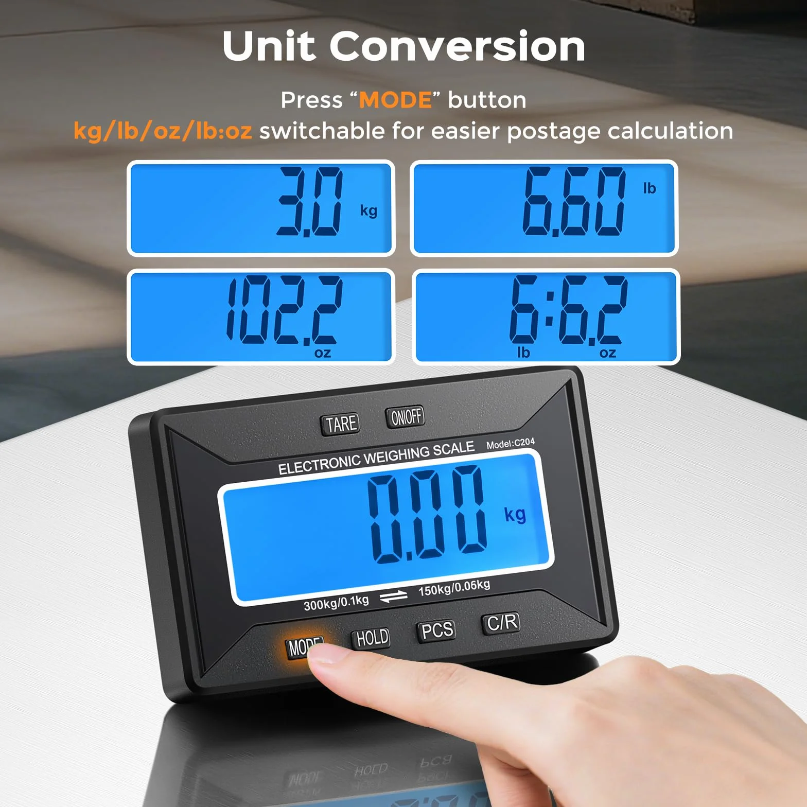 Bonvoisin Báscula para Paquetería Inalámbrica 300kg/660lb, Alcance 10m, Pantalla LCD Separada, Precisión 0,1kg/0,05kg