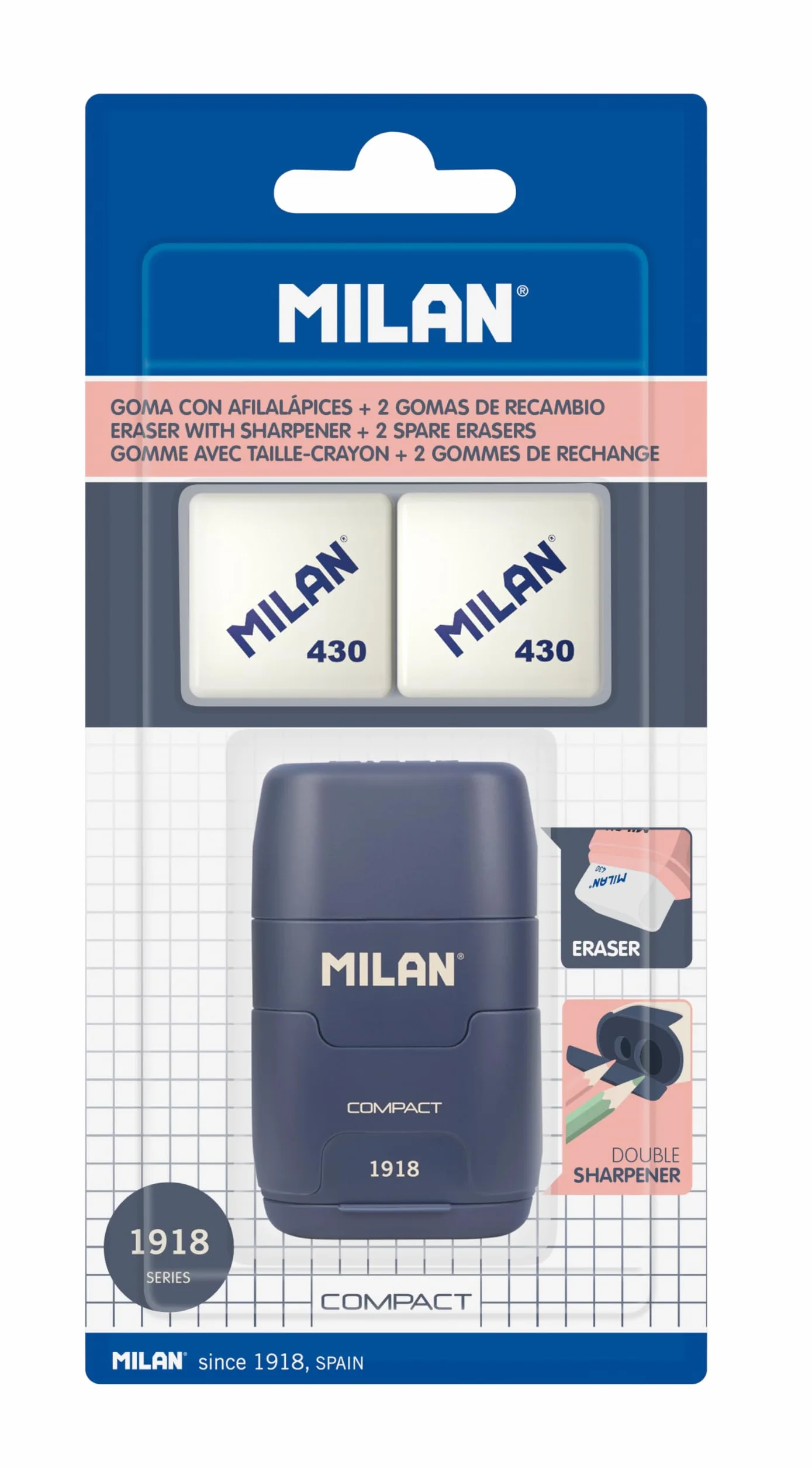 MILAN Blíster afilaborra COMPACT serie 1918 azul + 2 gomas de recambio