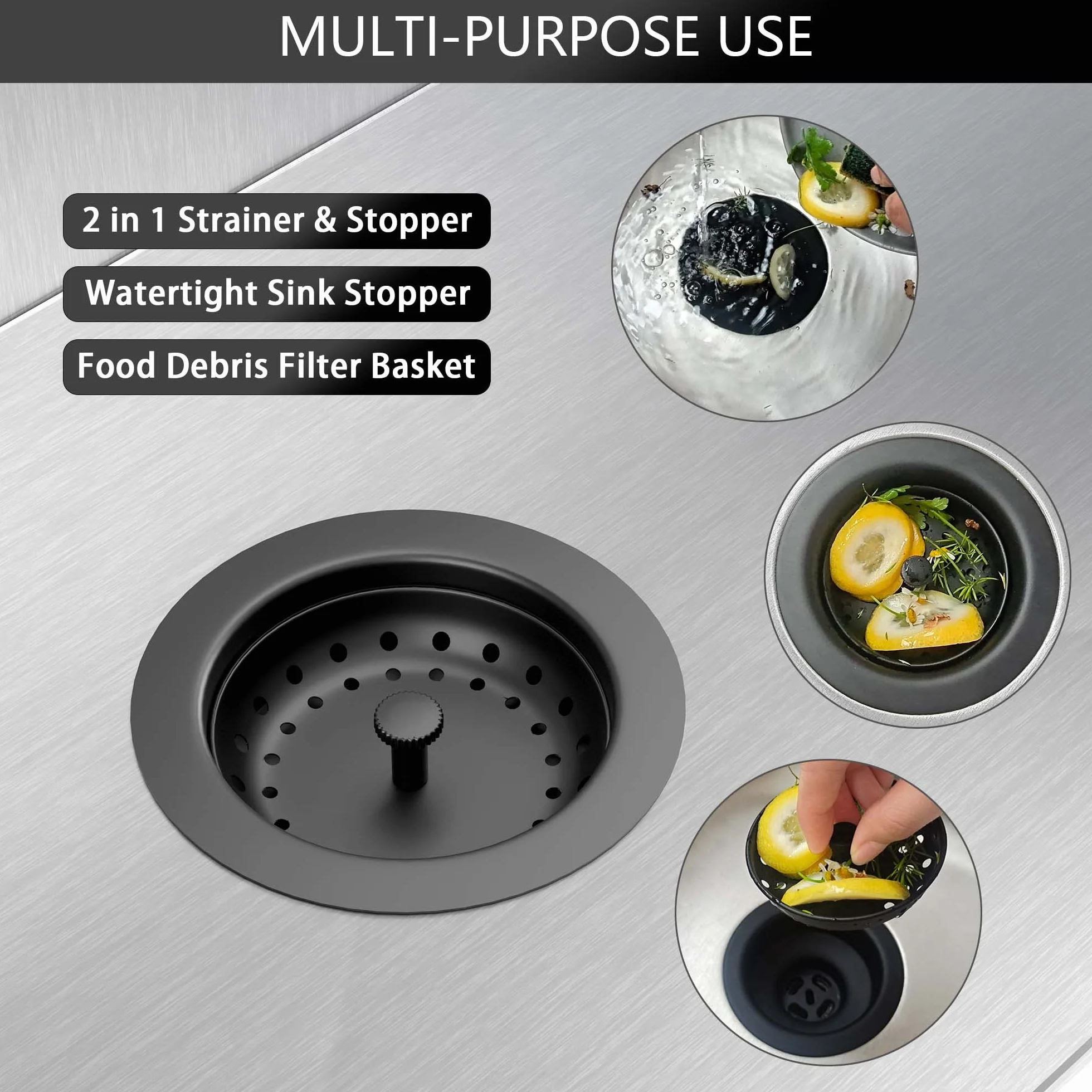 Kit de Montaje de colador de Fregadero de Cocina Negro Mate de 3-1/2 Pulgadas con Cesta coladora y tapón de Drenaje para Fregadero de Cocina estándar, Acero Inoxidable