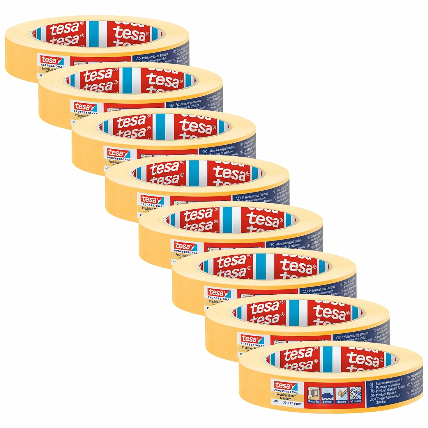 tesa Precision 4344 - Cinta de carrocero profesional (8 unidades, 50 m x 19 mm), color naranja