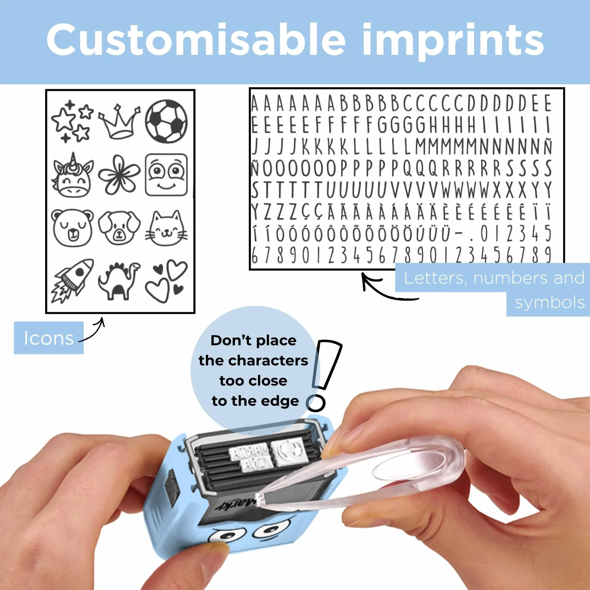 Sello Personalizable para Niños con Tinta 1000 Impresiones Kit Etiquetas Cinta Termoadhesiva Azul