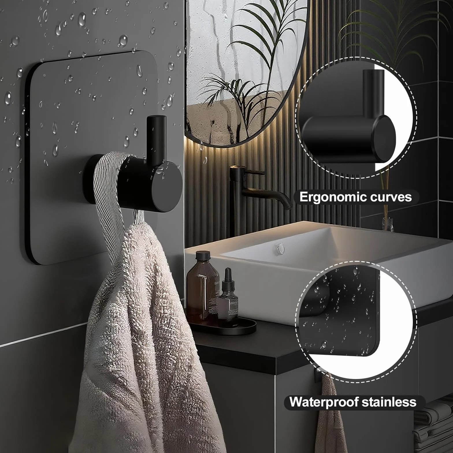 Ganchos Adhesivos para Pared Acero Inoxidable, 4 Piezas Negro, Colgadores Adhesivos, Autoadhesivo Colgador Toallas, Accesorios para Baño Extrafuertes y Sin Taladro, Multi-Uso para Llaves y Ropa