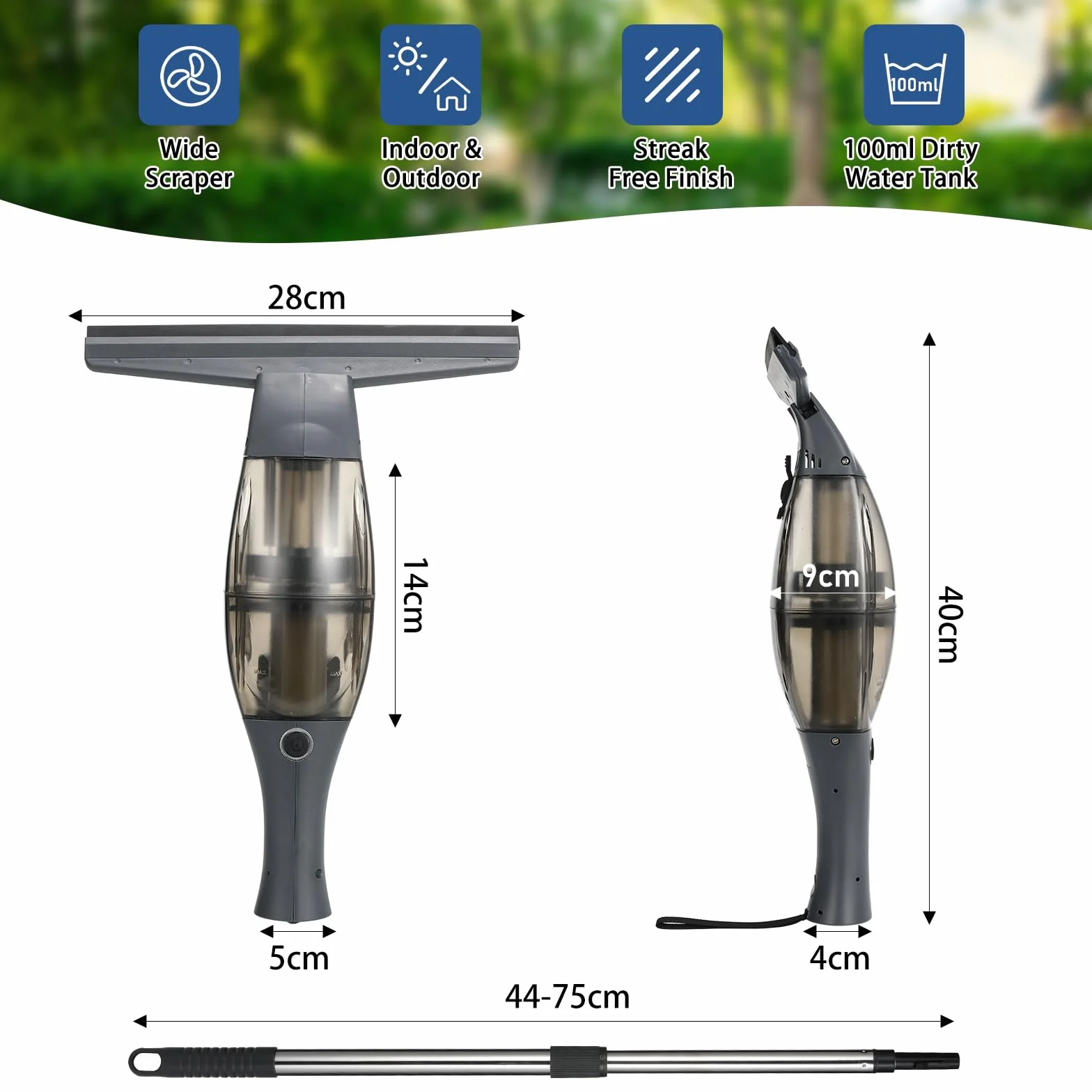 Limpiador Ventanas Eléctrico,Limpiacristales eléctrica,Aspirador Ventana con mango telescópico,boquilla succión 28 cm,botella pulverizadora con funda microfibra para limpieza sin rayas 360° (Negro)