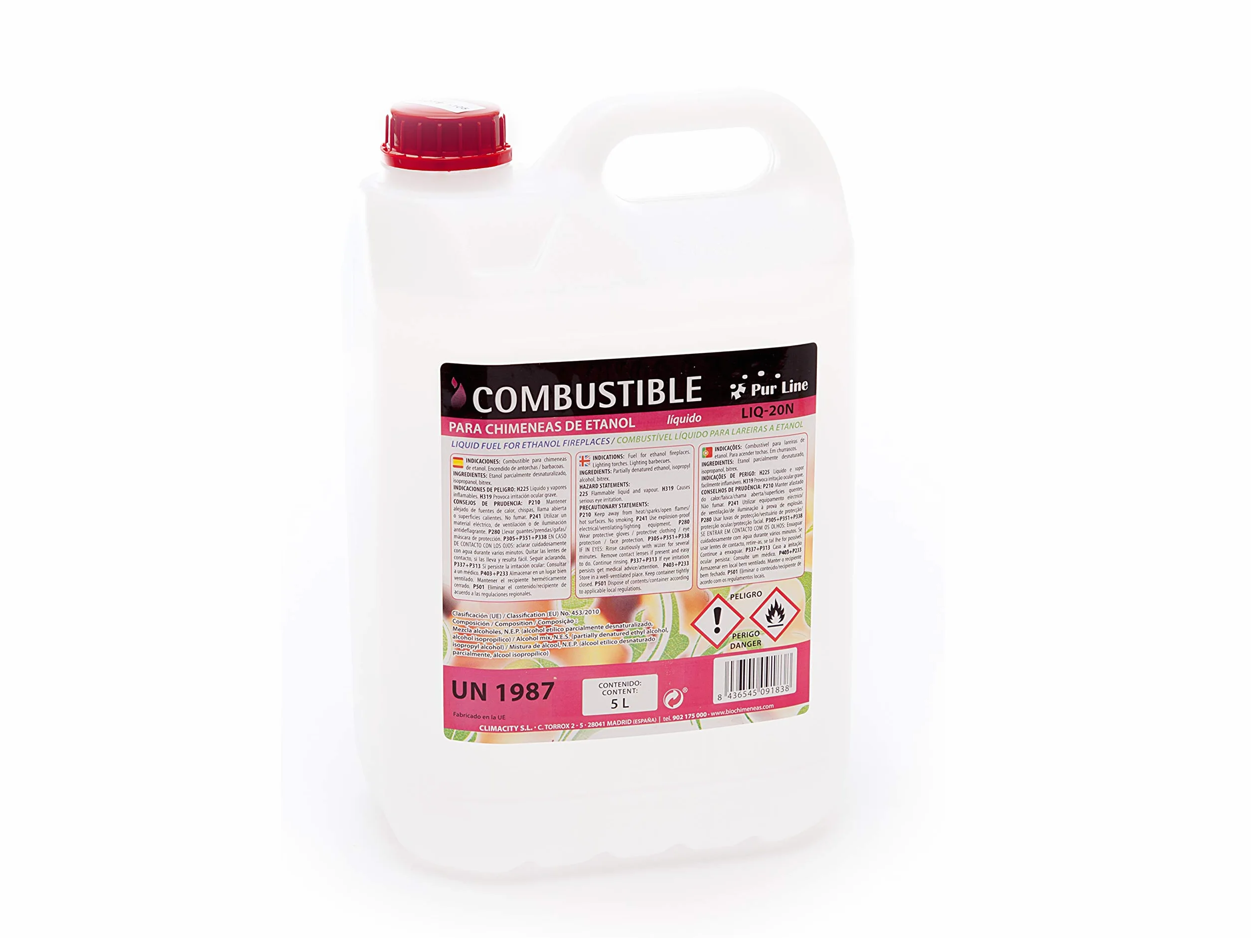 PUR LINE | Bioetanol 5L 96% Combustible para Chimeneas y Estufas, Sin Humo y Alta Combustión - Bioetanol Líquido para Biochimeneas, Quemadores y Uso Interior/Exterior