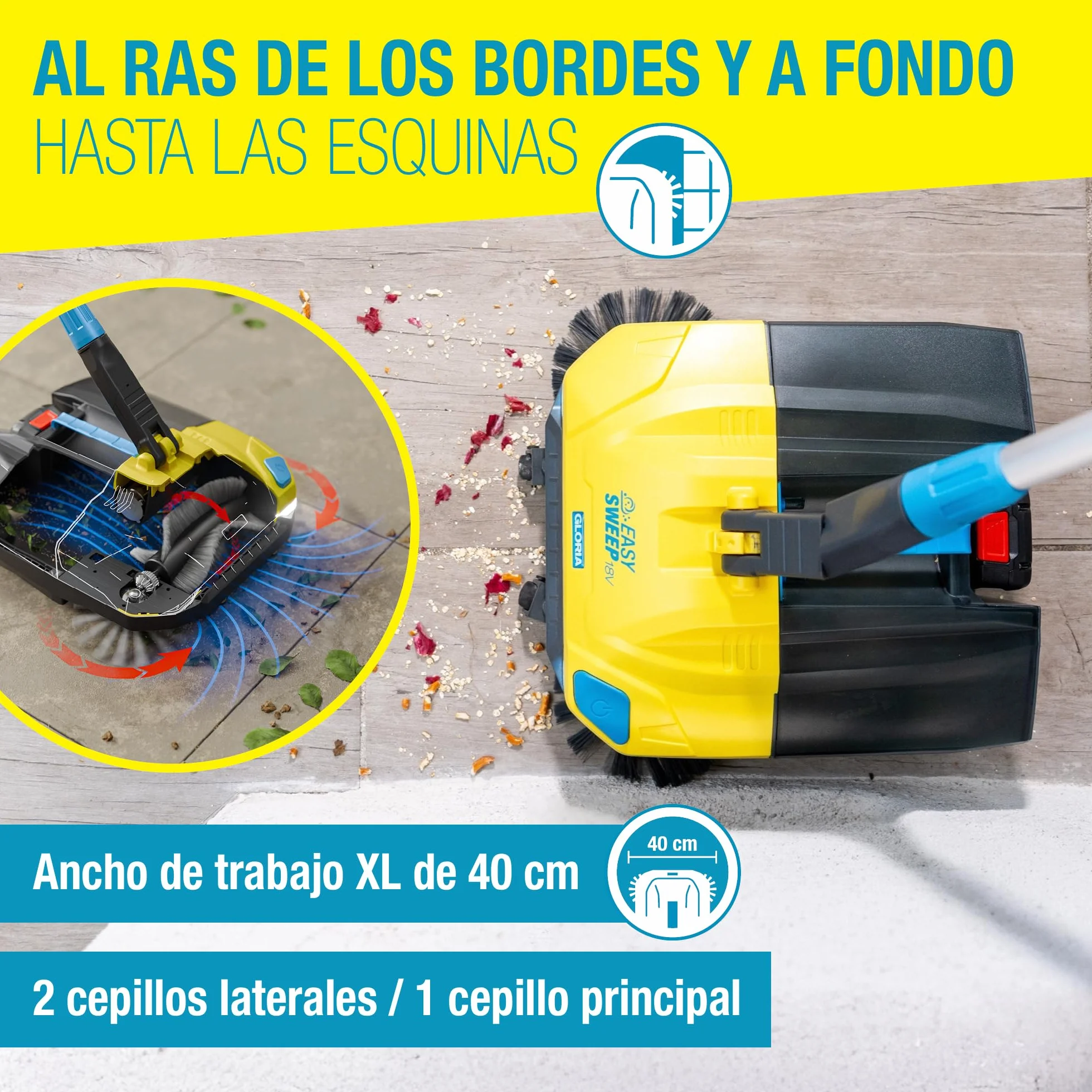 GLORIA Barredora de batería EasySweep 18V | Escoba eléctrica inalámbrica para interior y exterior | Entradas, aceras, terrazas, garajes y hojas | Compatible con Batería BOSCH 18V (no incluida)