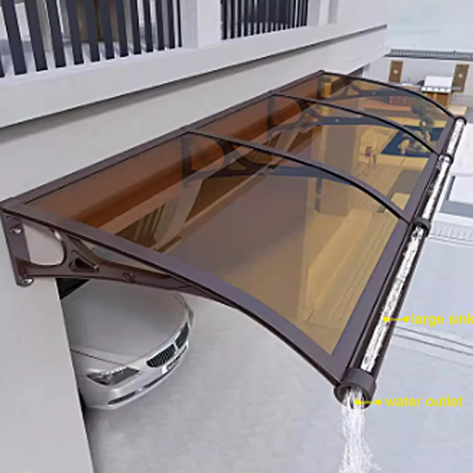 Marquesina para Puertas y Ventanas,Tejadillo de Protección Contra La Lluvia y La Nieve UV,Toldo Cubierta de Policarbonato Marrón con Fregadero Grande,Toldo de Entrada de Techo (80x160cm/31"x63")