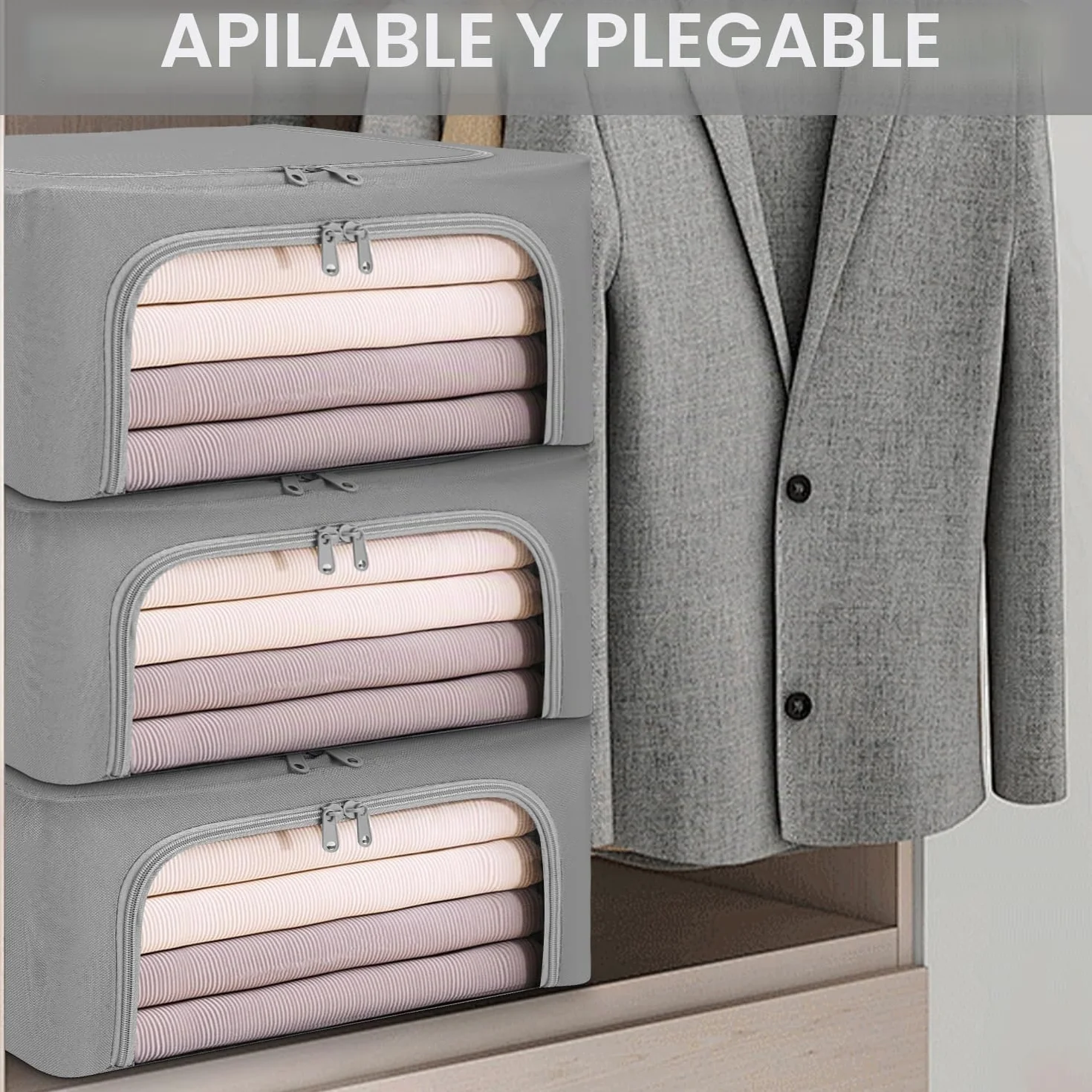 Cajas Almacenaje Ropa con Cremallera Oxford Organizador Armario Gris Claro