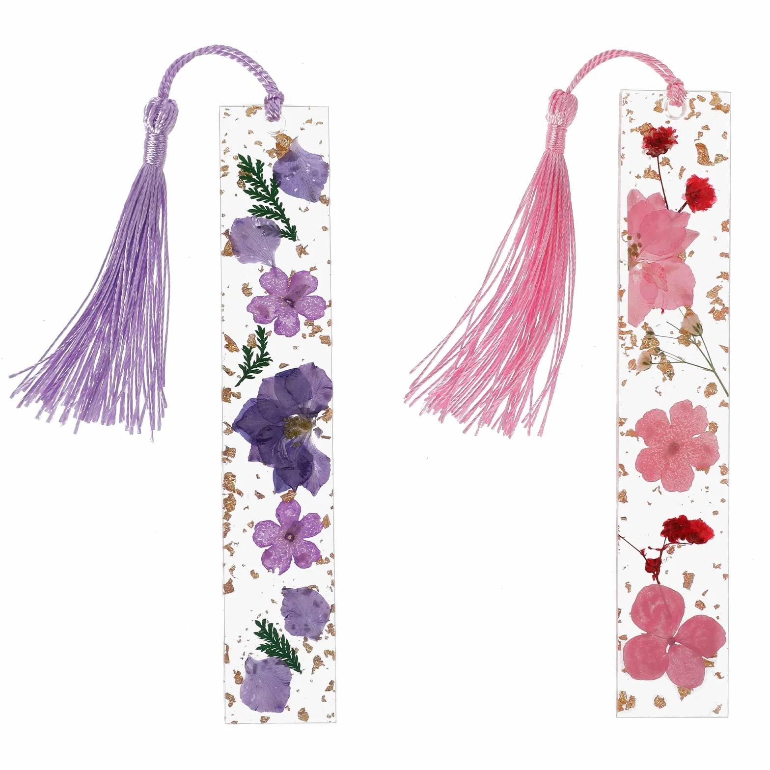 Marcapáginas de flores secas de resina 2 piezas transparentes prensadas hechas a mano con borla