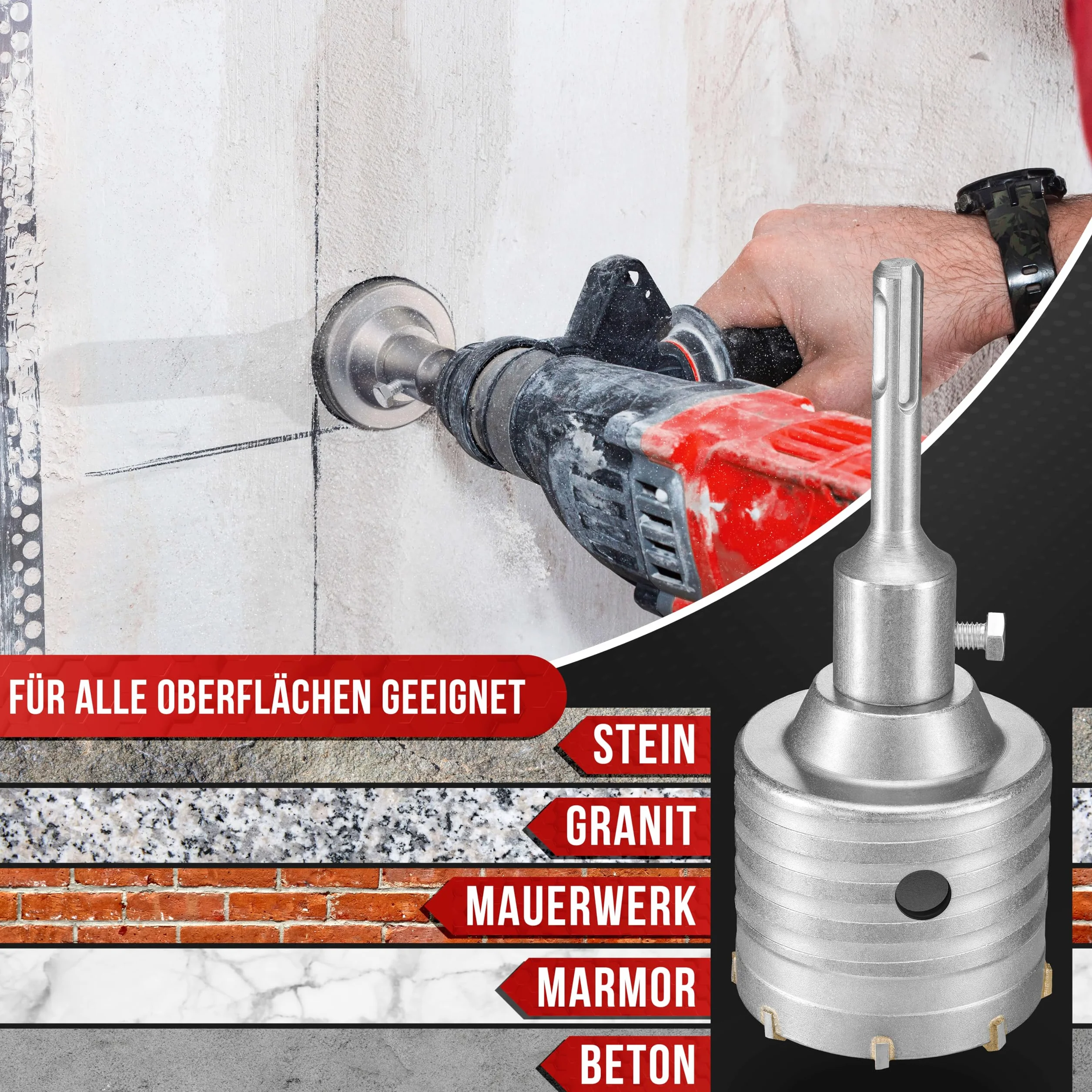 KSP-Tec ® Corona de perforación de 82 mm – Diseño reforzado – Resistente a los golpes – [dientes XXL] – 4 brocas de centrado – Broca de lata mm – Broca de perforación para mampostería y hormigón (82