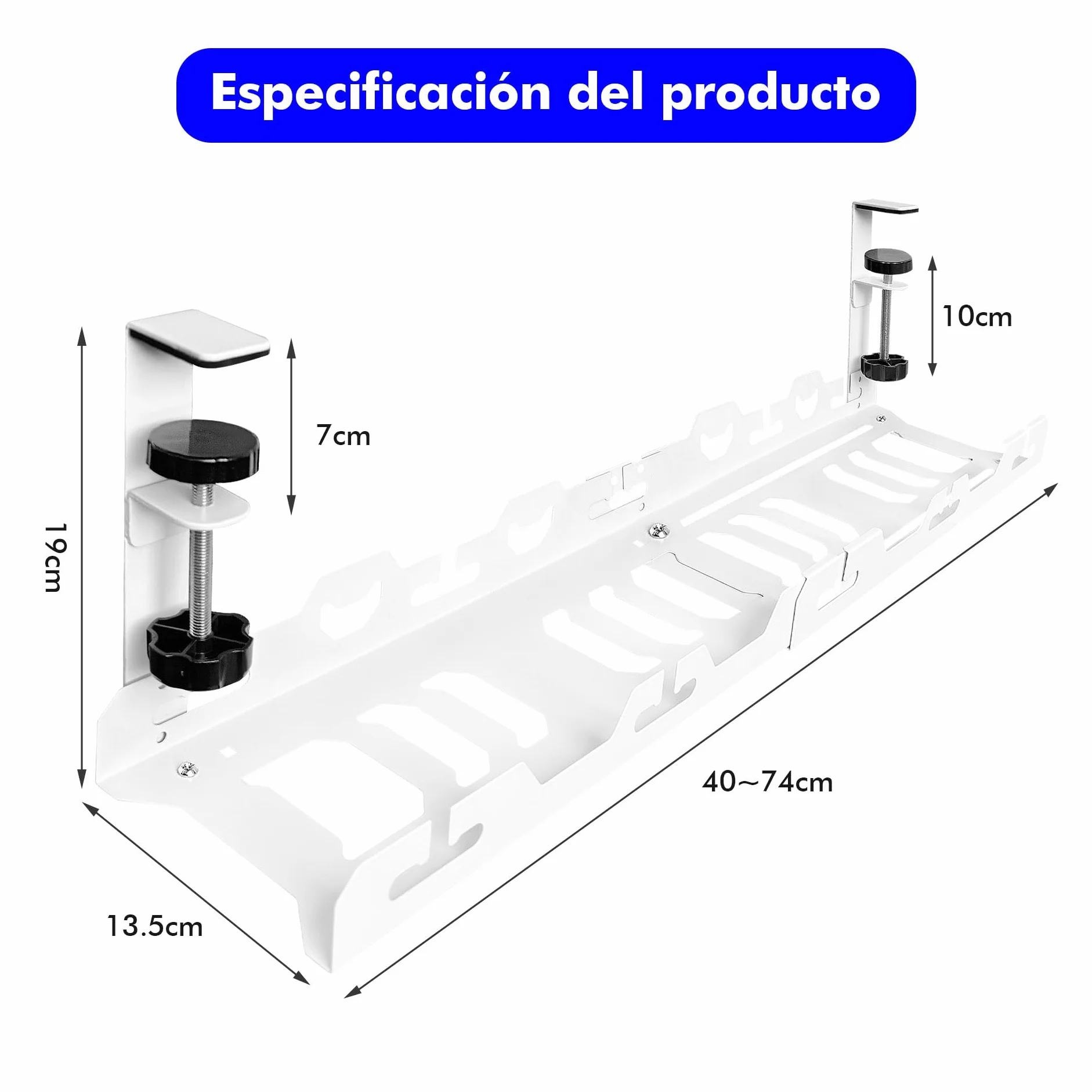 Mimoke Cesta de gestión de Cables Ajustable, sin perforación, Almacenamiento Pesado, Extensible de 40 a 74 cm, Capacidad hasta 15 kg, diseño ventilado, Adecuado para Oficina, Blanco