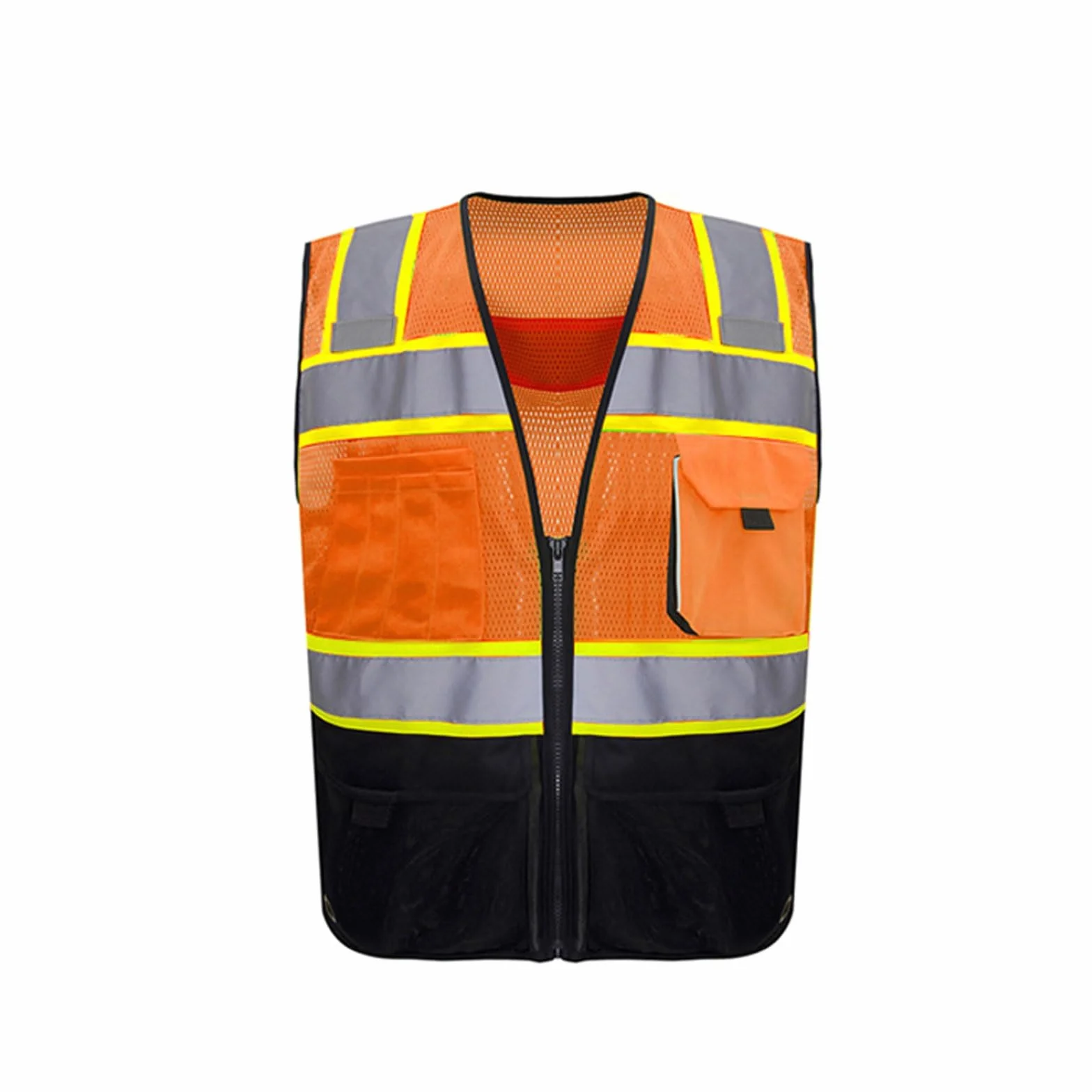 Chaleco de seguridad de alta visibilidad, Chaleco de seguridad reflectante con cremallera y múltiples bolsillos malla alta visibilidad, amarillo anaranjado, S-5XL(Orange,M)
