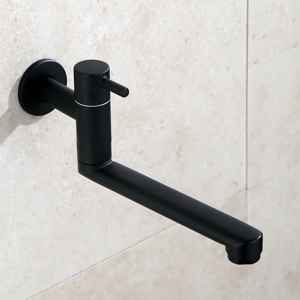 HomeLava Grifo de cocina para montaje en pared, solo agua fría, grifo de pared con caño giratorio 360, largo 18 cm, acero inoxidable negro