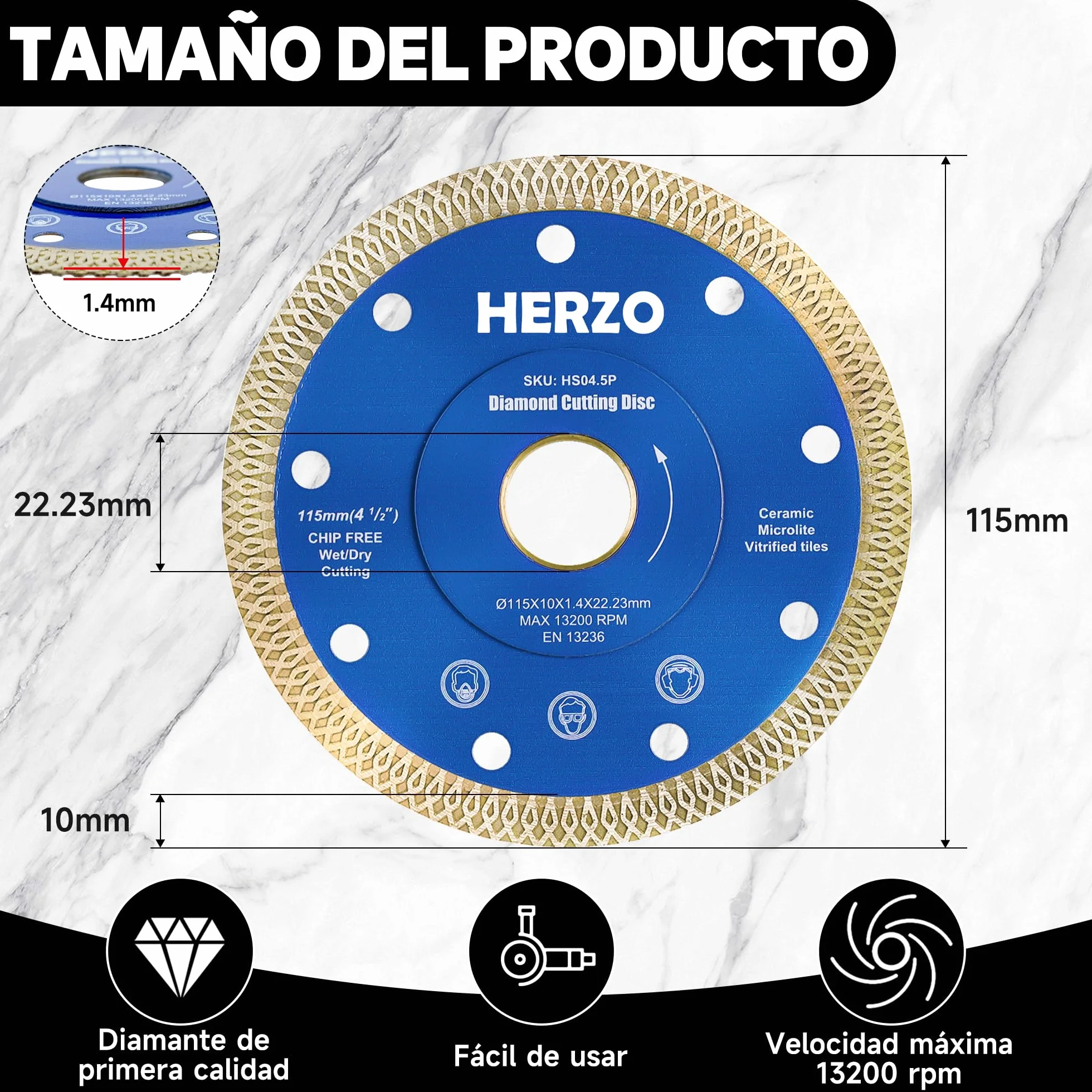 HERZO Discos de Diamante 115 mm x 22,23 mm para Azulejos - Disco de Diamante 115 mm para Azulejos, Gres Porcelánico, Porcelana y Cerámica