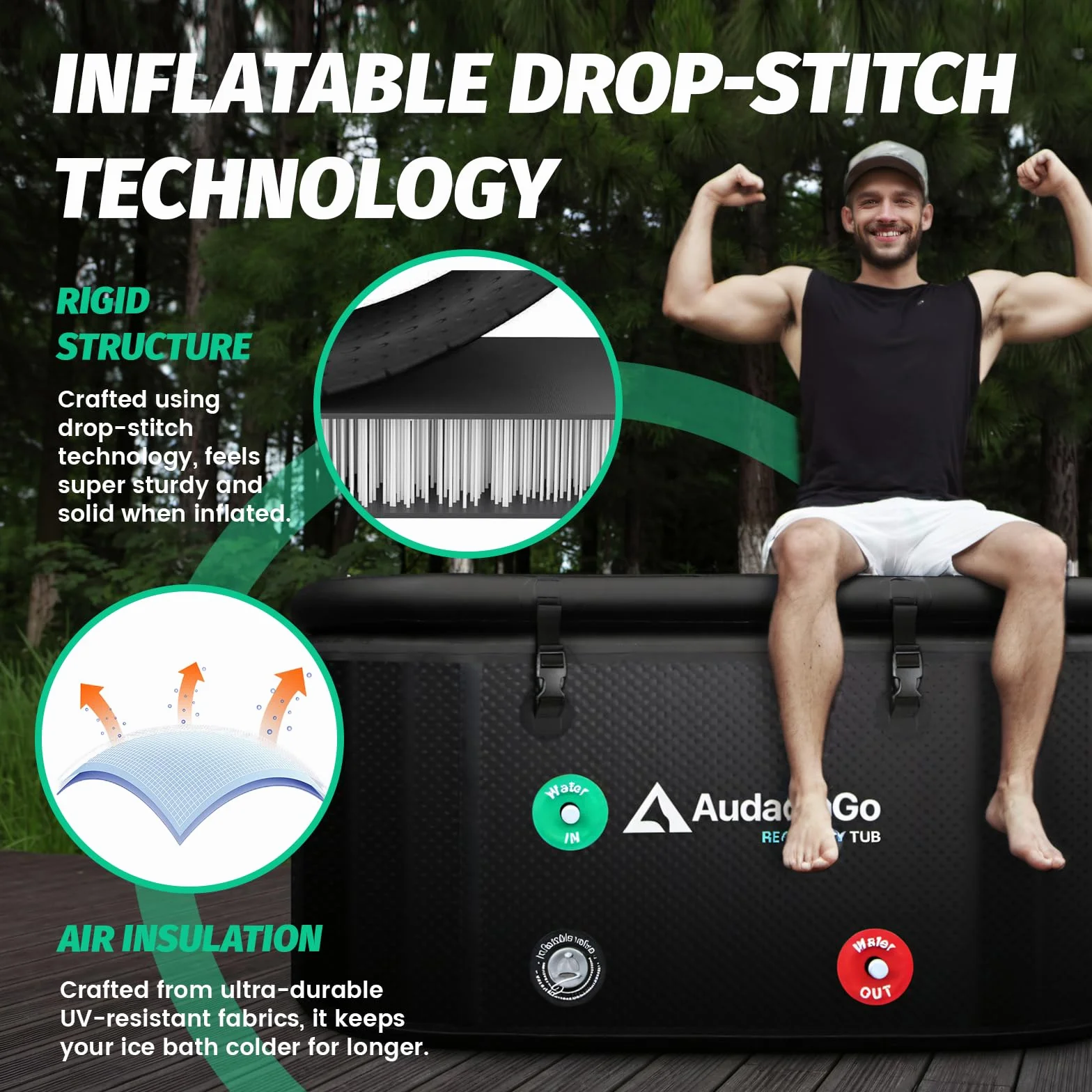 Bañera de hielo XXL para atletas, compatible con enfriadores de agua, tina inflable de 216 galones con tapa aislada, termómetro, alfombrilla absorbente de agua, portátil para recuperación en