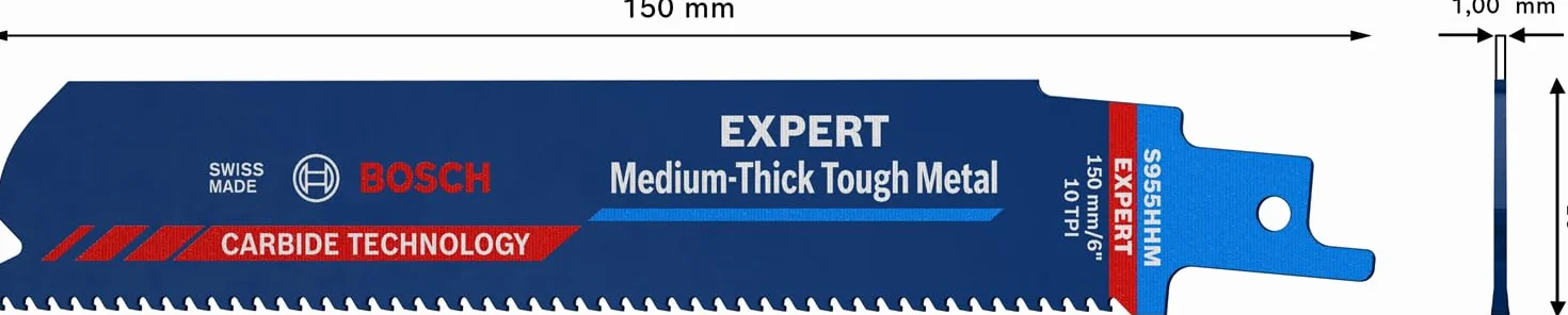 Bosch Professional 1x Hoja de sierra sable Expert ‘Medium-Thick Tough Metal’ S 955 HHM (para Acero resistente, Láminas de acero inoxidable, Longitud 150 mm, accesorios Sierra sable)