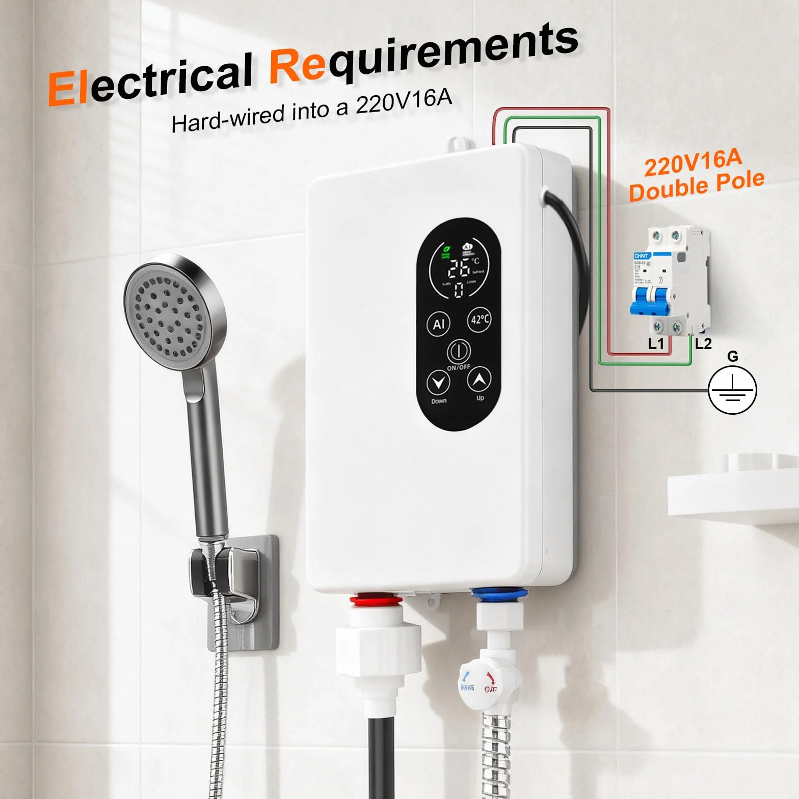 Calentador de agua eléctrico de paso, 5500 W, 220 V, indicador de temperatura, unidad integrada, control inteligente, mini calentador de agua, adecuado para duchas y baños