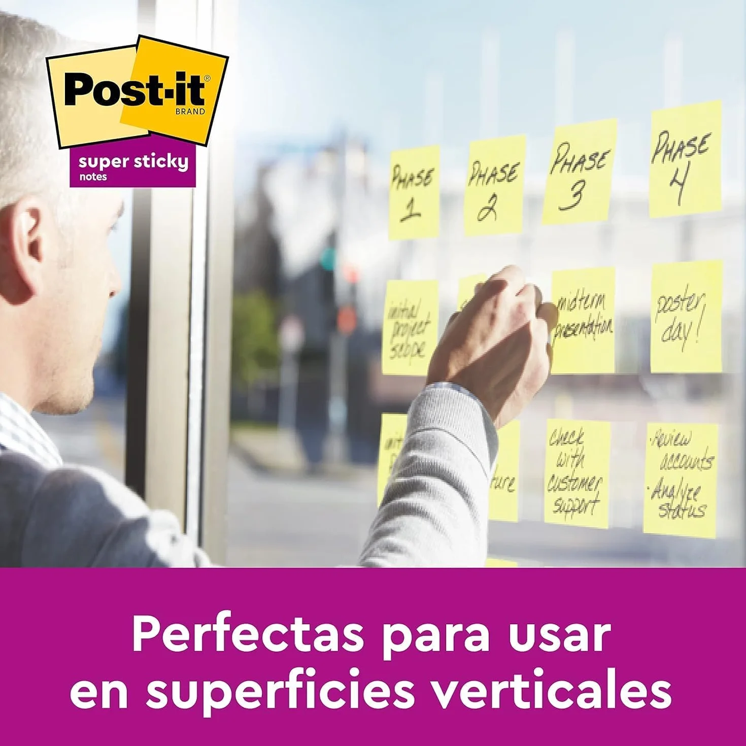 Post-it Super Sticky Notas, Canary Yellow, 76 mm x 76 mm, 90 hojas, 4 blocs + 2 Gratis