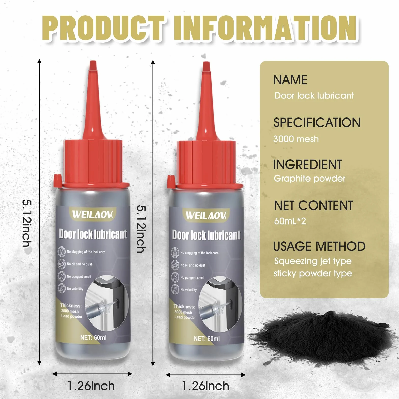 Grafito en Polvo, Grafito Cerraduras, Grasa Grafitada, Polvo de grafito para Lubricar Cerraduras de Puertas, Bisagras de Ventanas, Rieles de Puertas y Ventanas, etc, 60 ML*2 (Embalaje gris)