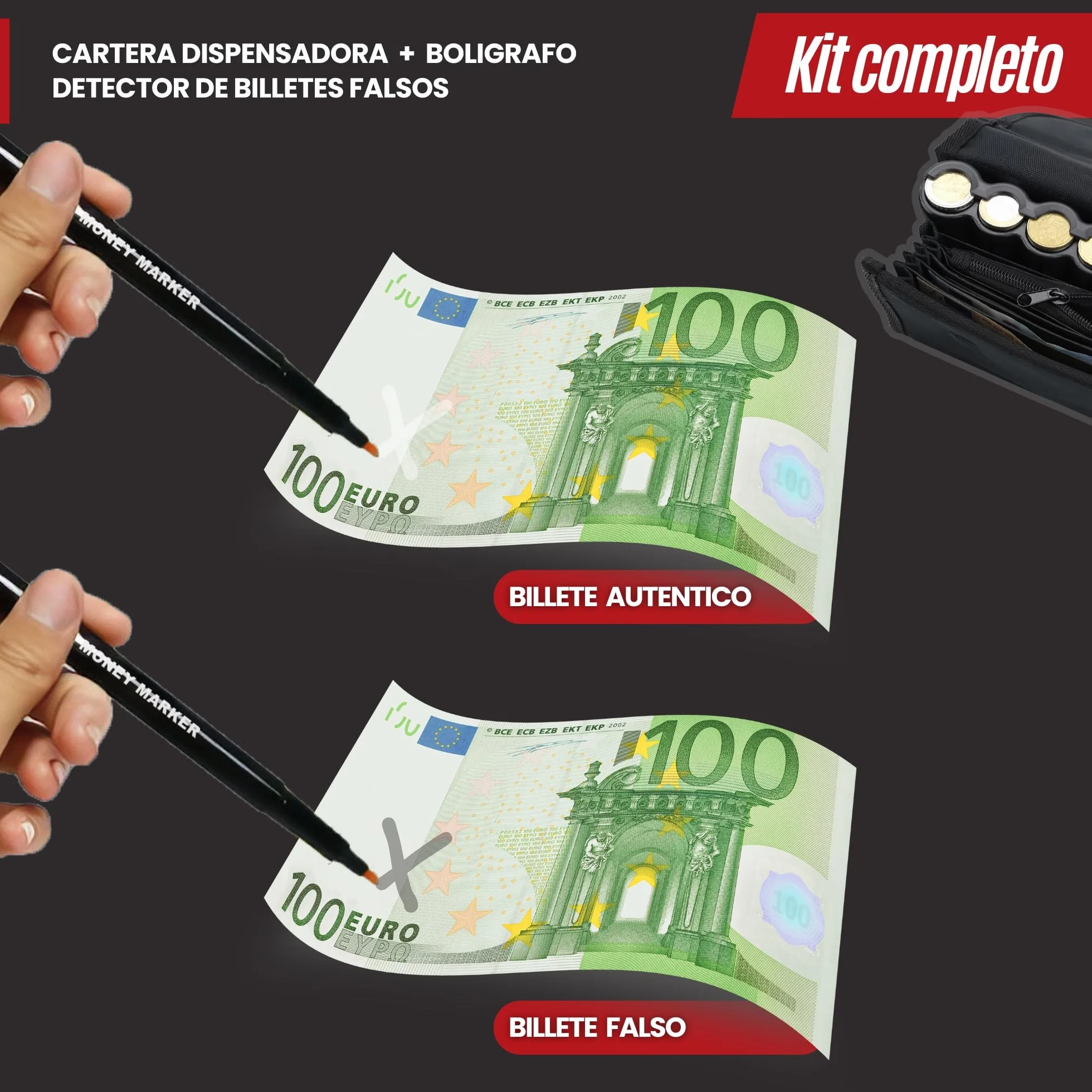 Cartera Dispensador de Monedas y Billetes con Bolígrafo Detector - Riñonera Camarero para Taxi, Vendedores (Negro)