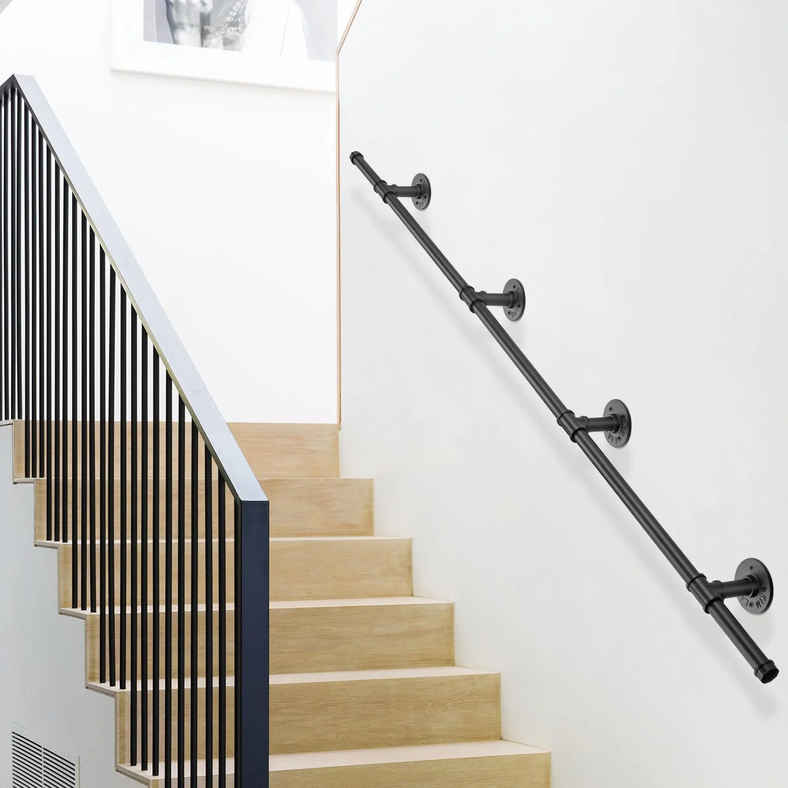TANiCE Pasamanos Escalera 150 cm Negro de Acero Galvanizado Antideslizante Barandilla de Pared para Interior y Exterior con Soporte Seguro para Ancianos y Niños, Fácil Instalación Multifuncional