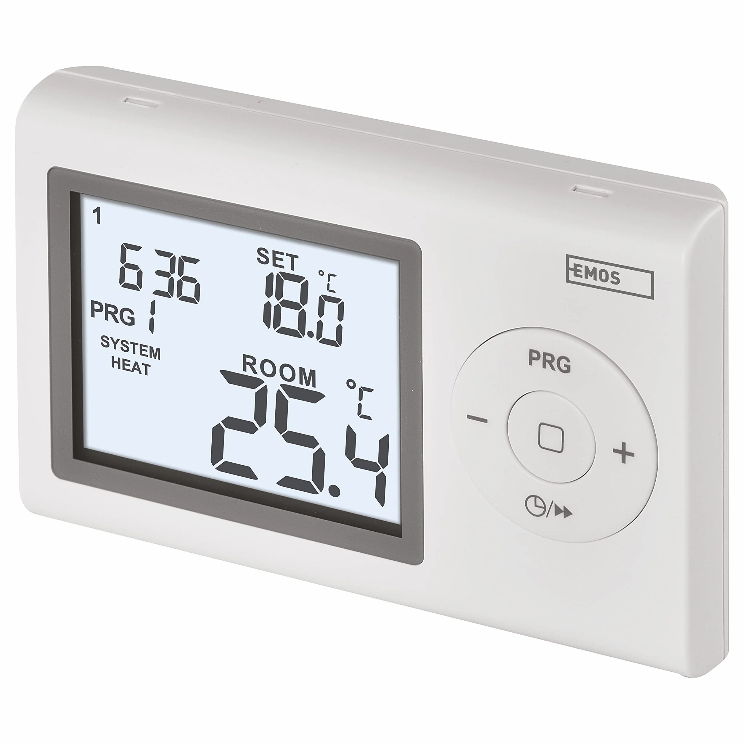 EMOS termostato Digital LCD programable, con Cable, 5–35 °C, calefacción/refrigeración, Montaje en Superficie, protección antihielo, batería incluida, Blanco