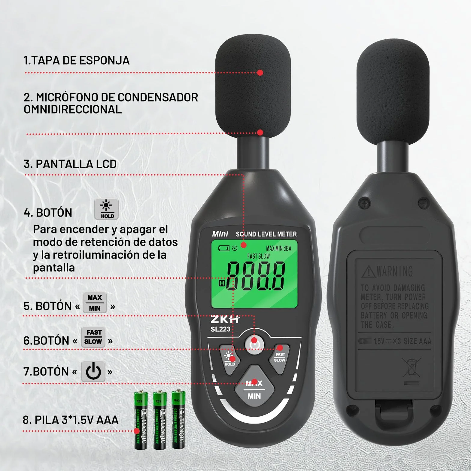 ZKH Sonometro Digital Portátil Rango 30-130dB Pantalla LCD Ponderación A Precisión ±1.5dB