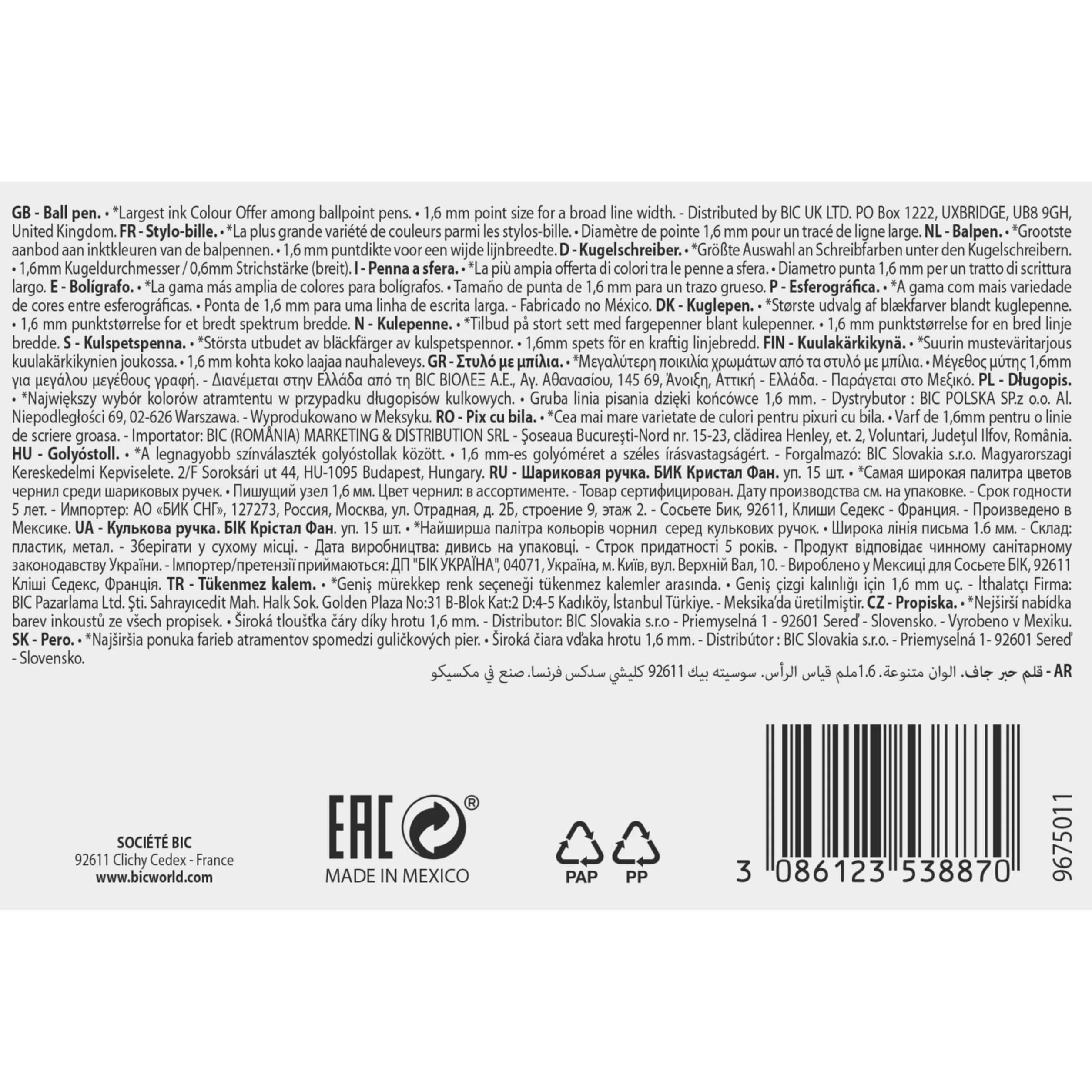 BIC Cristal Multicolour Bolígrafos de Punta Ancha 1,6 mm Colores Surtidos Pack 15 Unidades