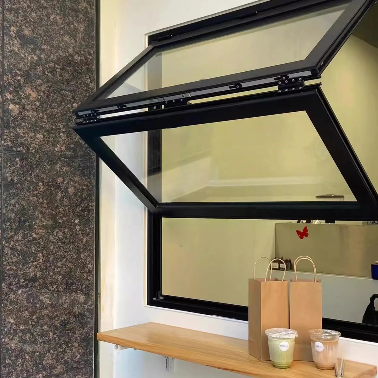 Ventana de Guillotina Empotrada Ventana de Concesión con Marco de Aluminio Ventana Abatible hacia Arriba para Cafetería con Manija de Bloqueo(100x120cm)