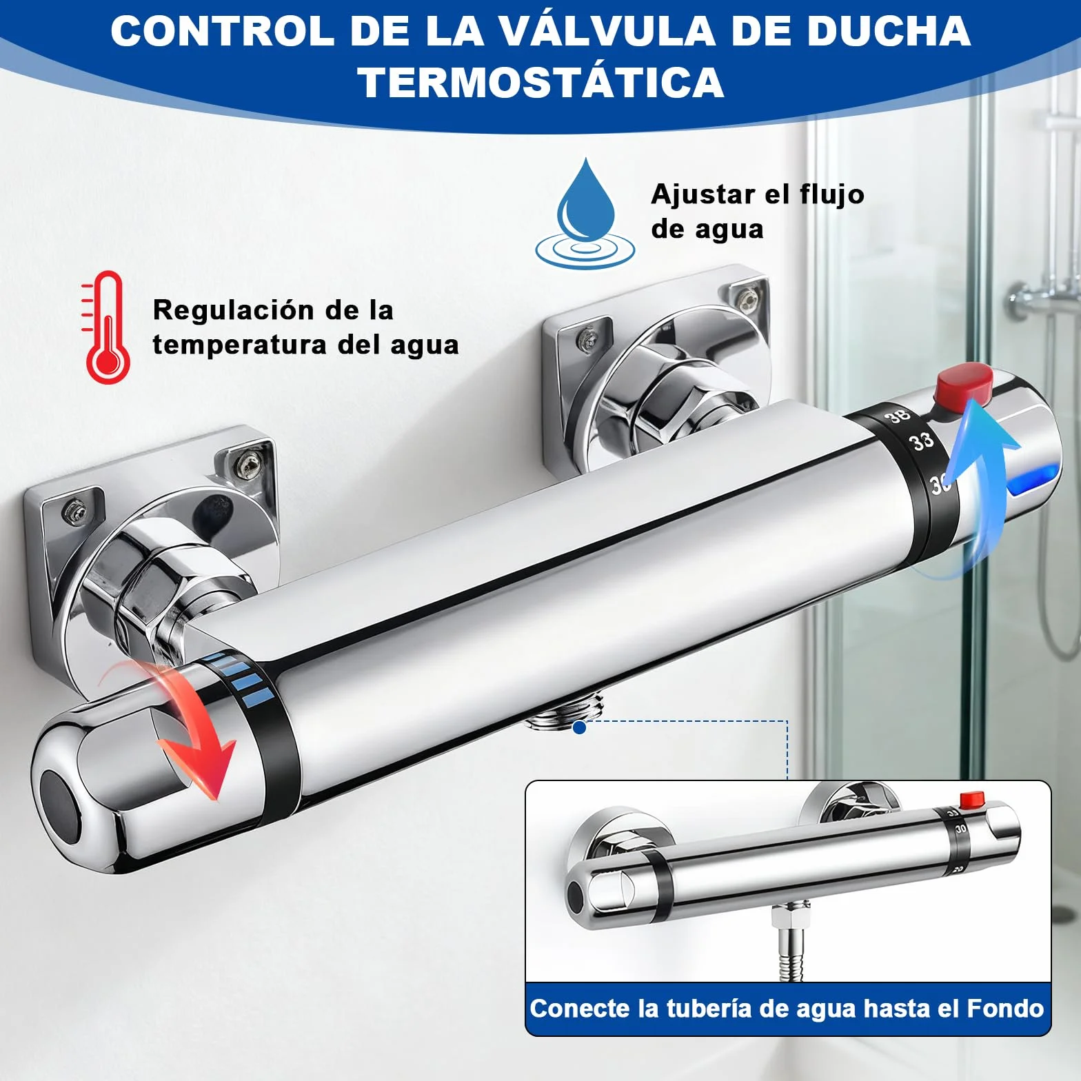 Grifo Ducha Termostato, Salida de Válvula G1/2 ", Mezclador Termostatico de Ducha de Sobrepared, Mezclador de Ducha de Latón con Bloqueo de Seguridad a 38 °C, Adecuado para baño, Cocina, Ducha
