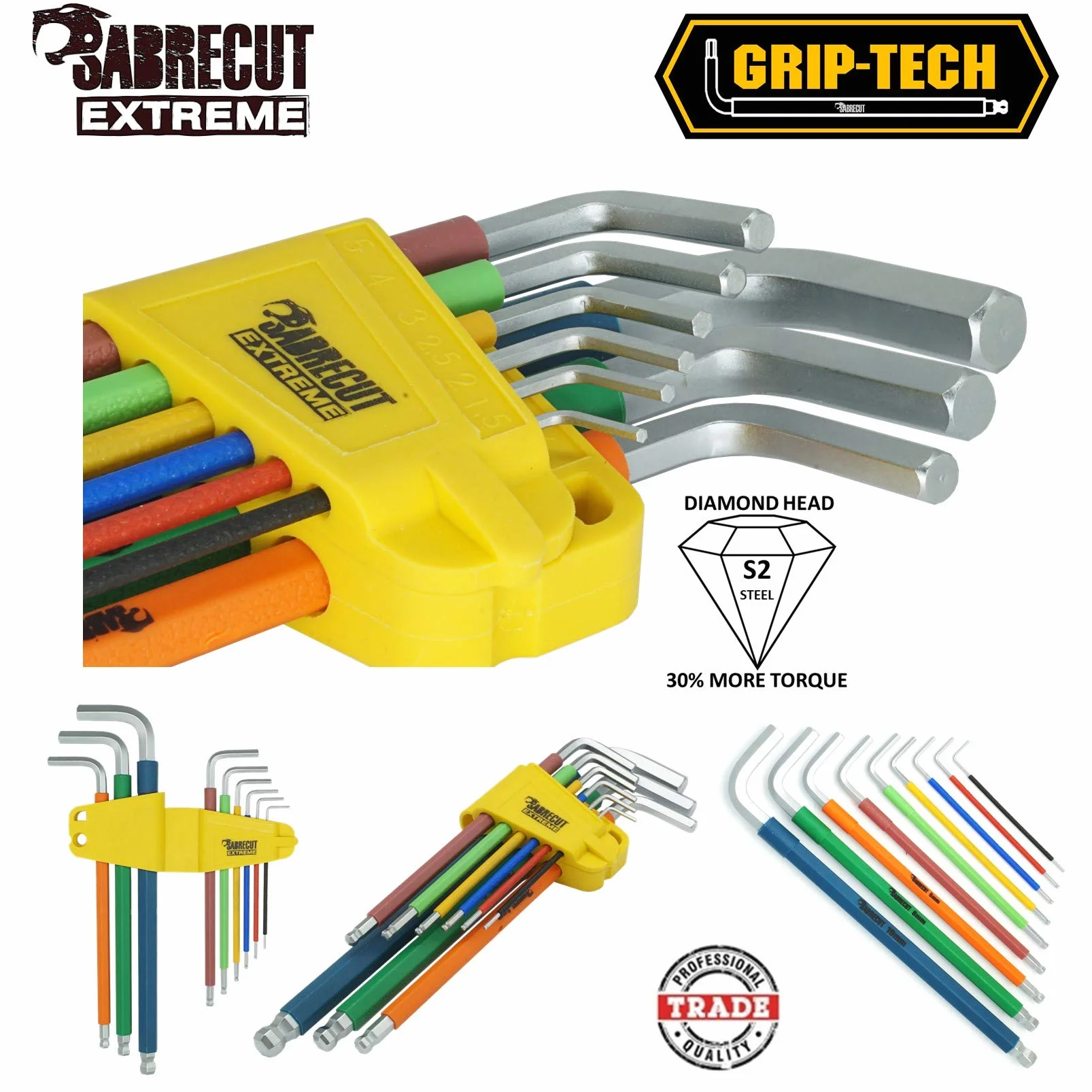 SabreCut Juego de llaves SCTGK1 de 18 piezas con agarre suave y comodidad extralargas hexagonales hexagonales de diamante Hex Plus y Torx con codificación de colores tamaños de 1,5mm a 10mm T10-T50