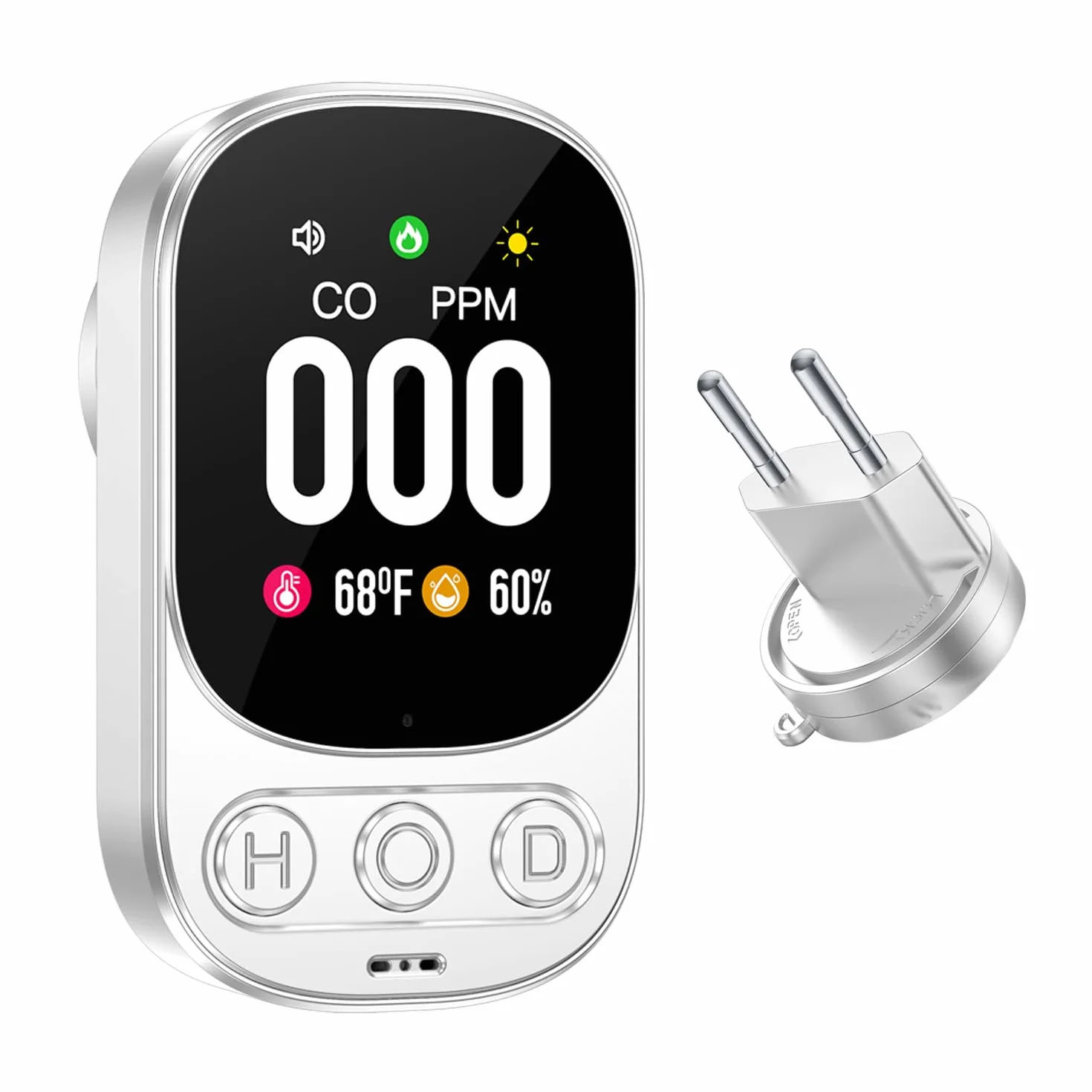 Detectores de monóxido de Carbono, Detector de CO enchufable 3 en 1 | Temperatura | Humedad, Alarma de Monitor de CO con Voz y Pantalla Digital LED, Mini Alarma de Viaje para hogar/Hotel/RV