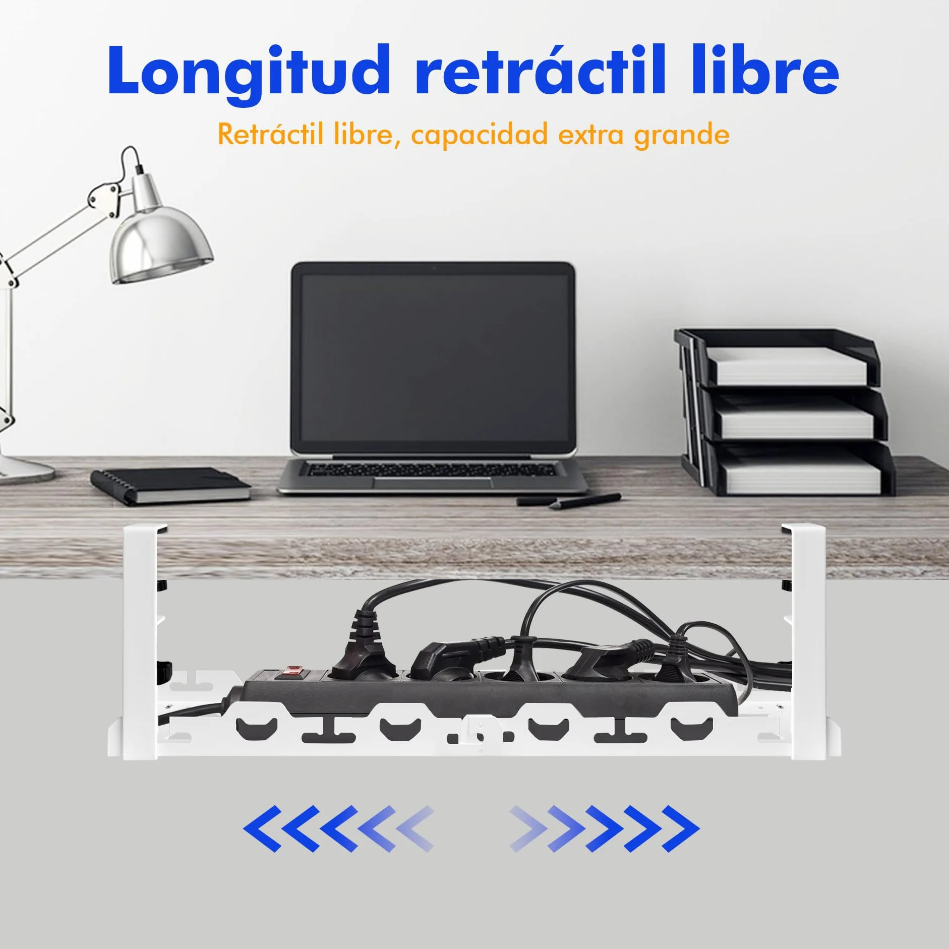Mimoke Cesta de gestión de Cables Ajustable, sin perforación, Almacenamiento Pesado, Extensible de 40 a 74 cm, Capacidad hasta 15 kg, diseño ventilado, Adecuado para Oficina, Blanco