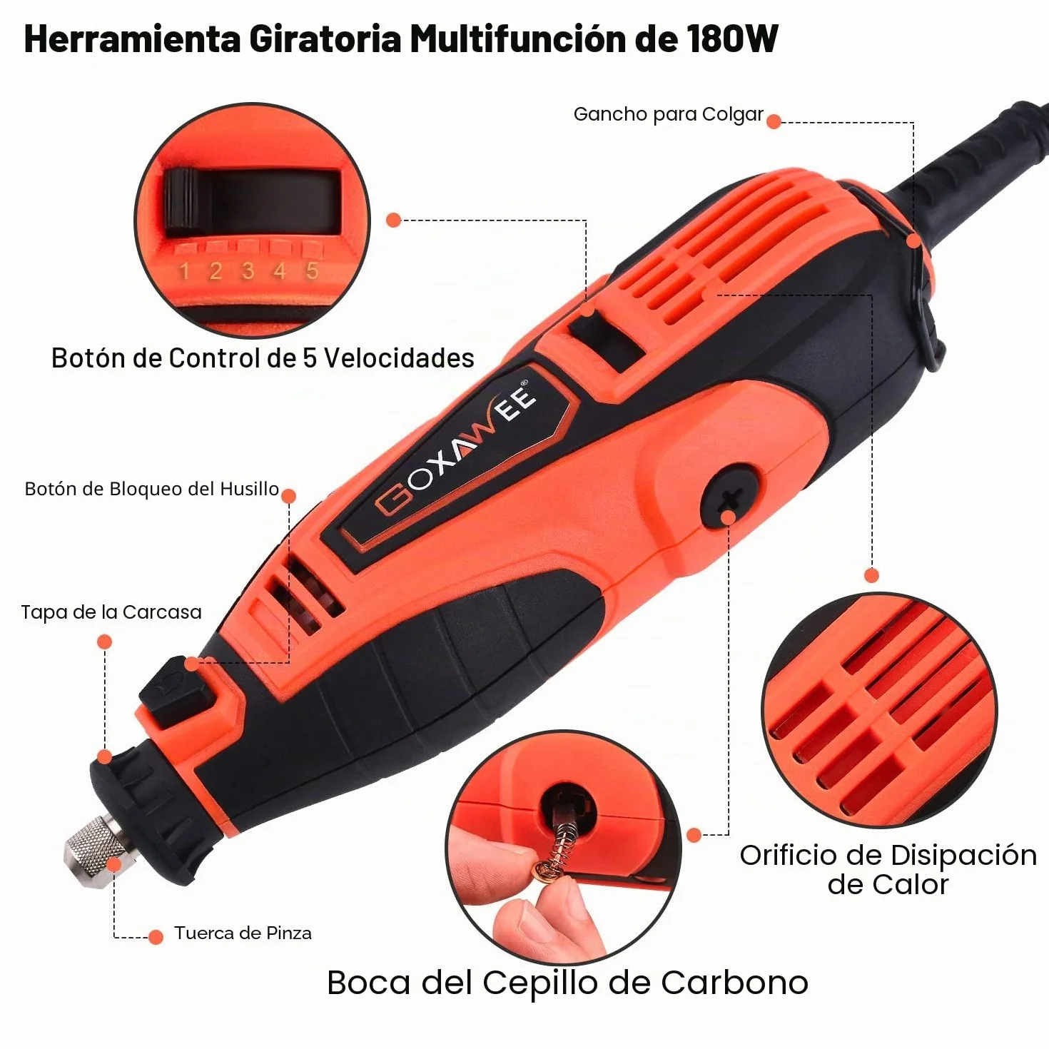 GOXAWEE Herramienta Rotativa de 135 W, Kit de Multiherramienta con 181pcs Accesorios, 8000-35000 RPM Ajuste de Velocidad, Mini Amoladora Eléctrica para Grabar, Cortar, Pulir, Proyectos de Artesanía