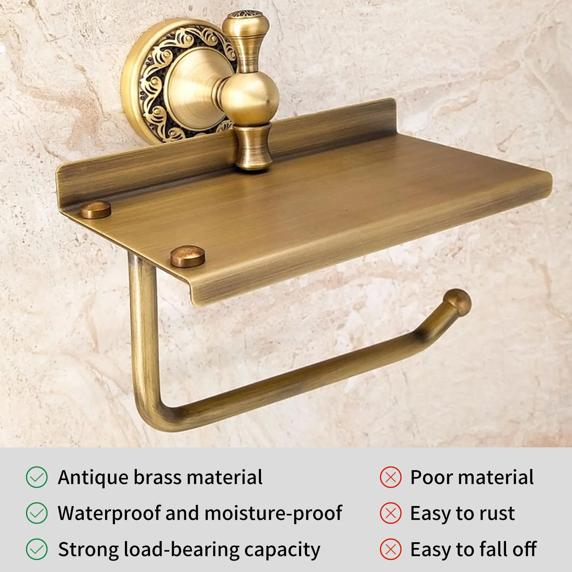 Soporte de Papel higiénico con Estante para teléfono, Soporte para Rollo de Papel higiénico de baño, Bronce Antiguo, Accesorios de baño, Accesorios de baño, diseño Tallado de patrón