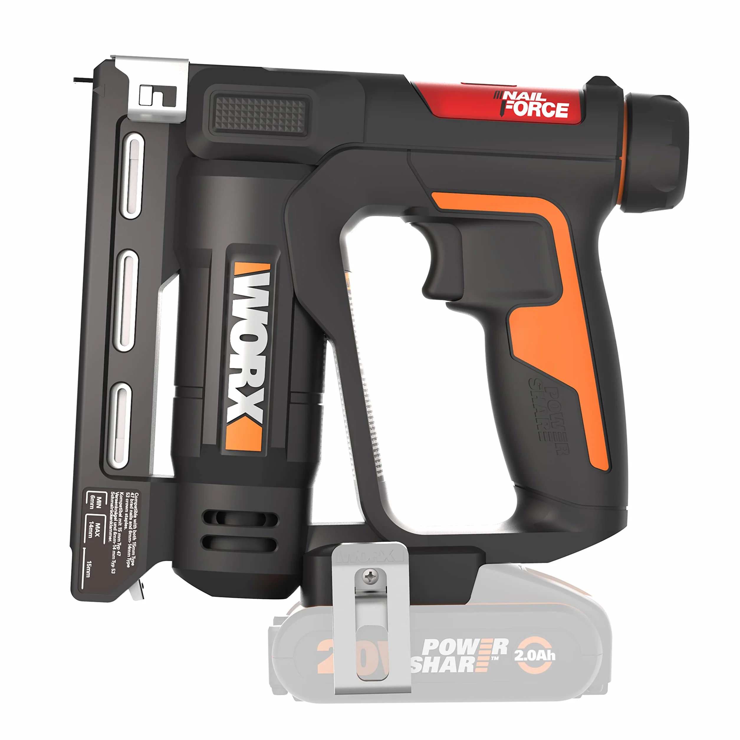WORX WX843.9 Grapadora y Clavadora 2 en 1 a Batería 20V Sin Batería, Grapas 6-14mm y Clavos 15mm, 60 Disparos por Minuto, Ajuste de Profundidad