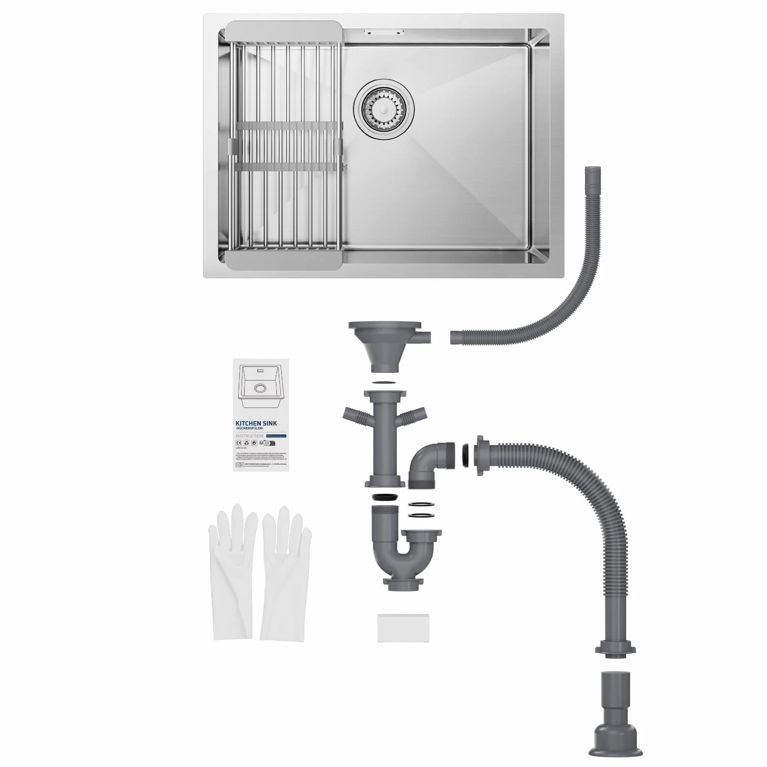 CECIPA Fregadero Cocina 1 Seno 60 x 44cm, Fregadero Bajo Encimera o Sobre Encimera, Fregadero de Acero Inoxidable 304 con Cesta de Filtro Extensible, Sifón y Kit de Drenaje